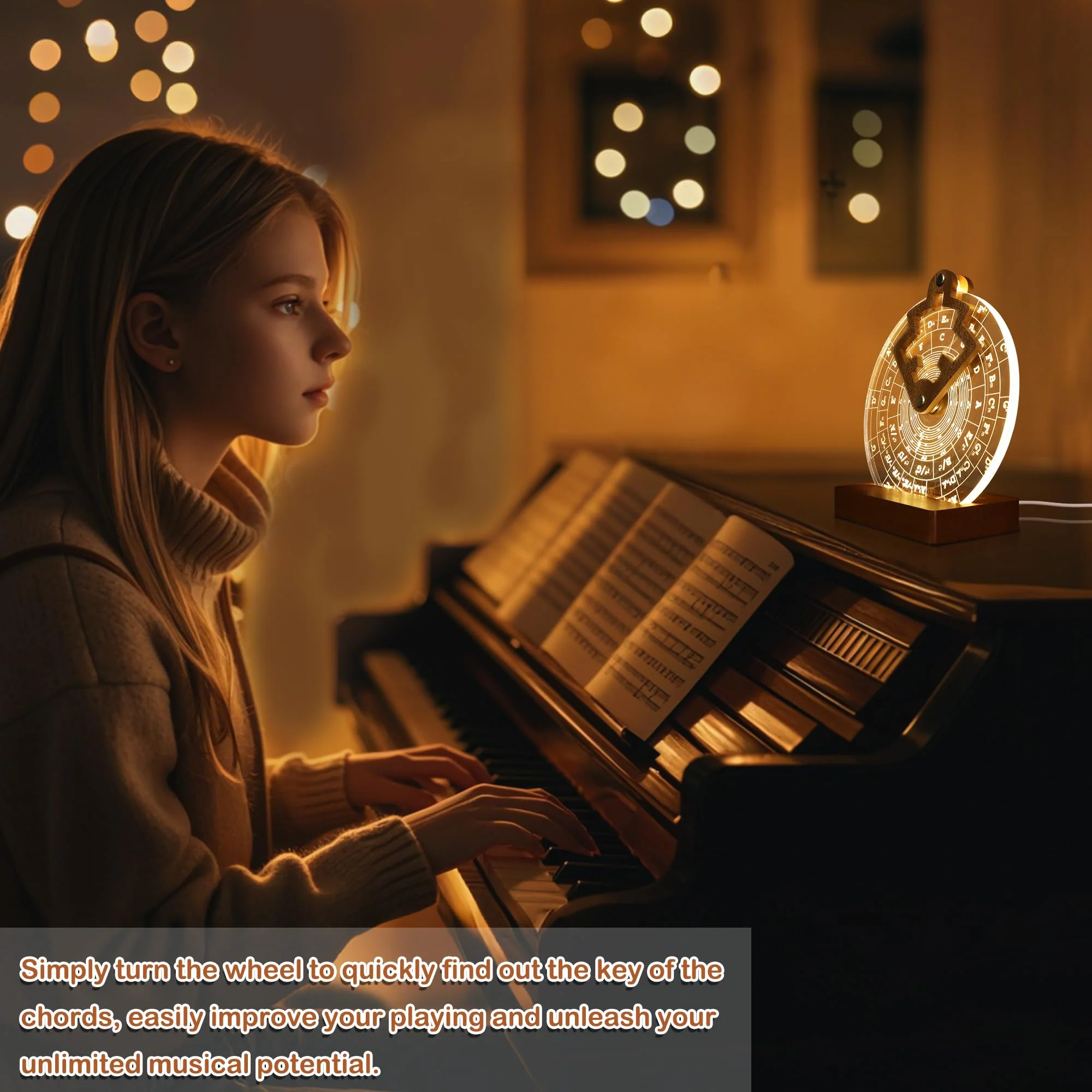 Light Up Circle of Fifths Wheel, Acrylic Wooden Chord Wheel Melody Tool with Guitar Pick Holder, Gift for Musical Beginners Musicians for Musical Learning and Songwriting Color: Light up Circle of Fifths Wheel - Image 4