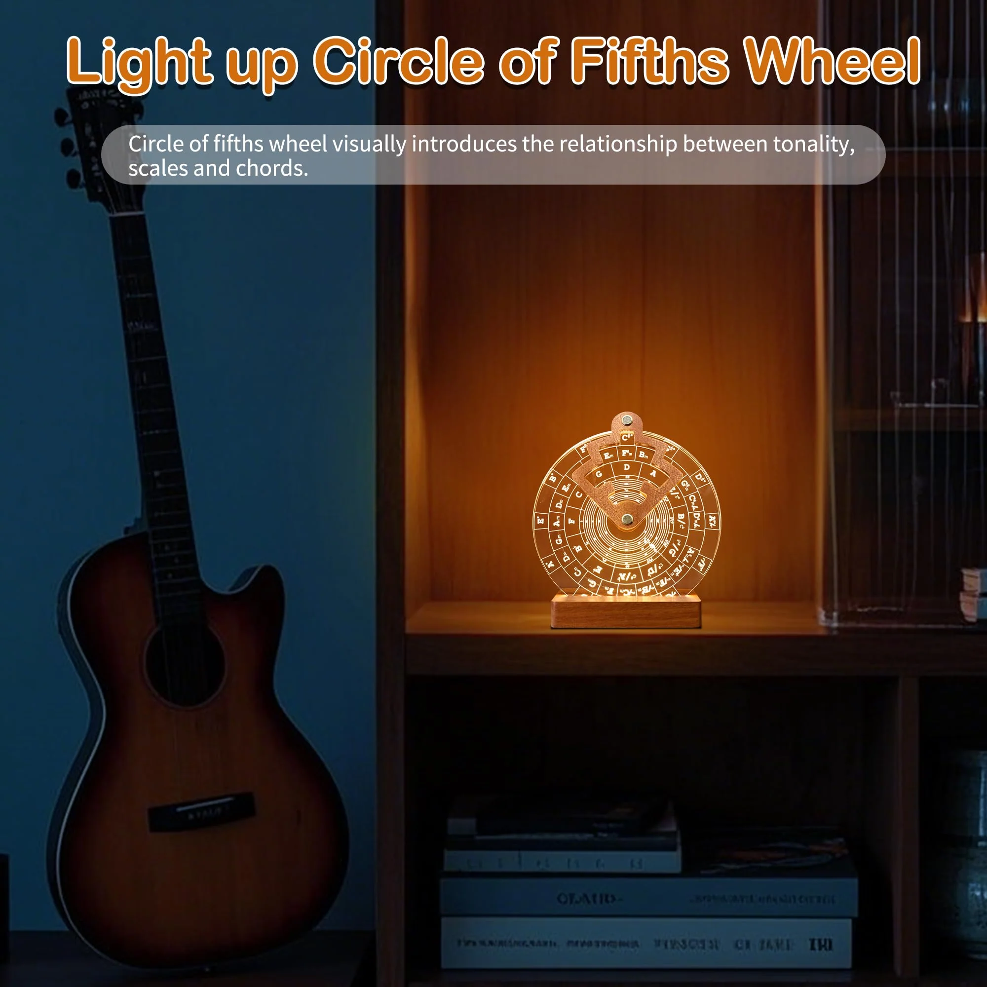 Light Up Circle of Fifths Wheel, Acrylic Wooden Chord Wheel Melody Tool with Guitar Pick Holder, Gift for Musical Beginners Musicians for Musical Learning and Songwriting Color: Light up Circle of Fifths Wheel - Image 5