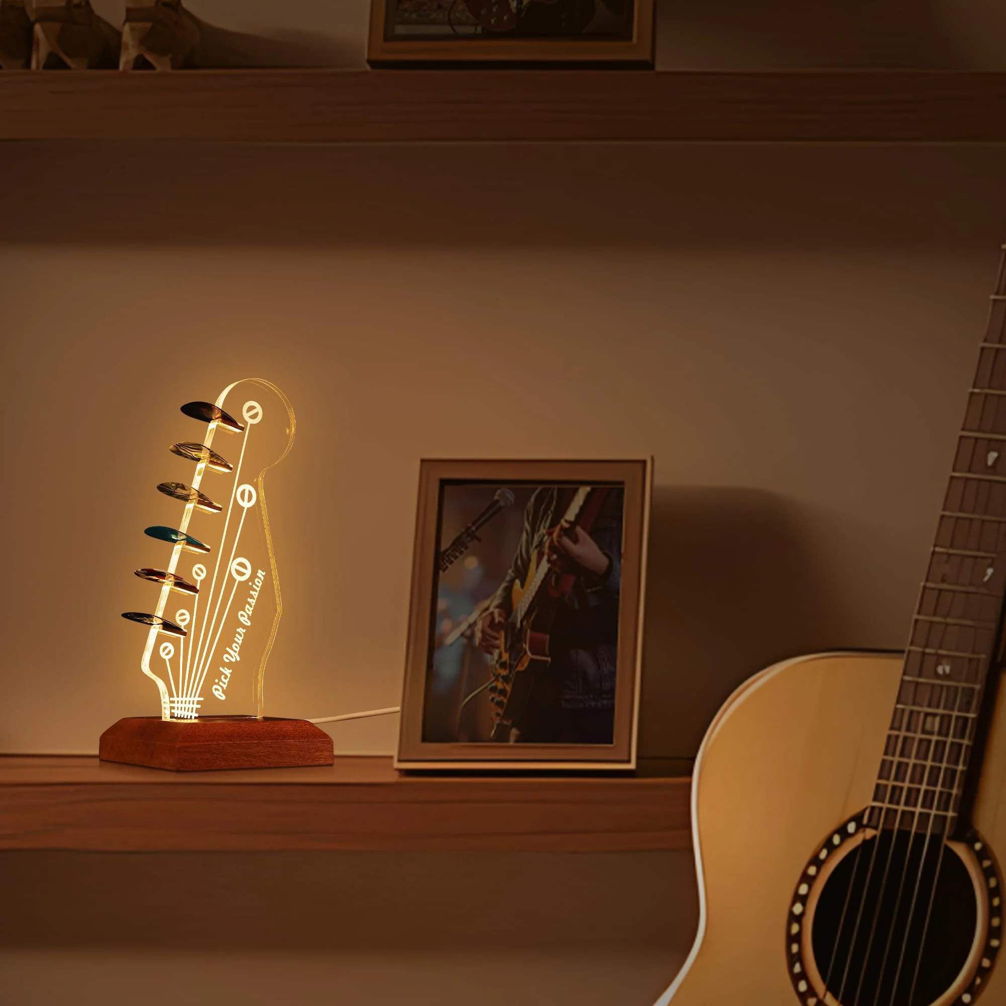 Light Up Guitar Pick Holder, Acrylic Electric Guitar Headstock Shaped Pick Holder with Wooden Base for Picks Storage and Display, Gift for Guitar Players Guitarists Guitar Pick Holder-a - Image 2