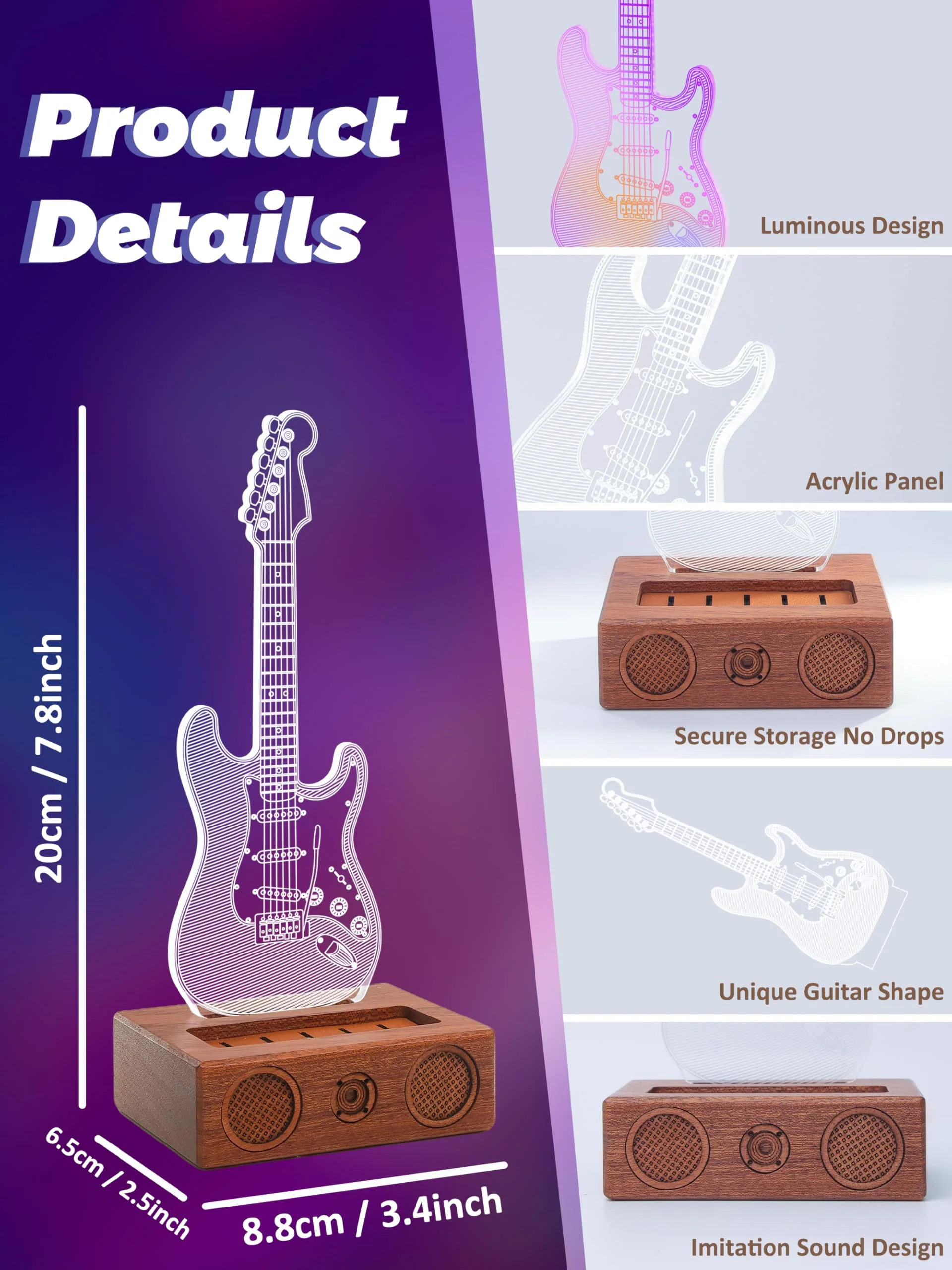 Light Up Guitar Pick Holder, Acrylic Electric Guitar Pick Holder with Audio Styling Wooden Base for Picks Storage and Display, Gift for Guitar Players Guitarists - Image 4