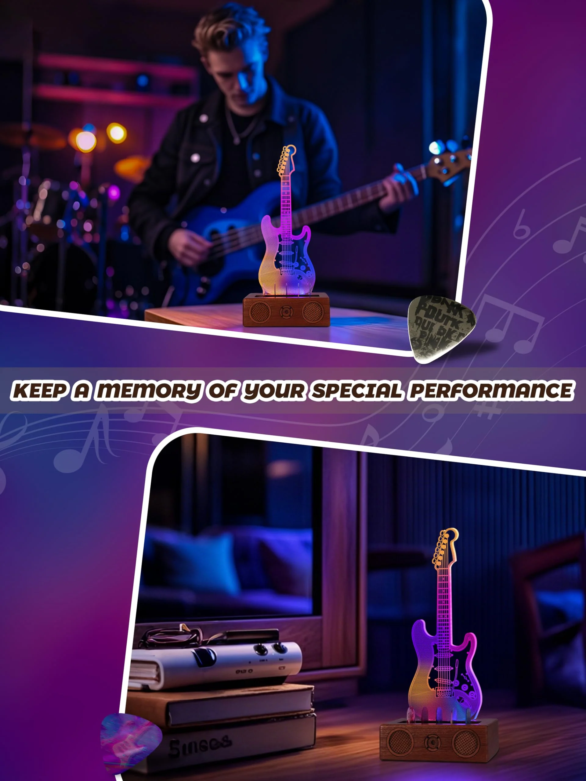 Light Up Guitar Pick Holder, Acrylic Electric Guitar Pick Holder with Audio Styling Wooden Base for Picks Storage and Display, Gift for Guitar Players Guitarists - Image 5