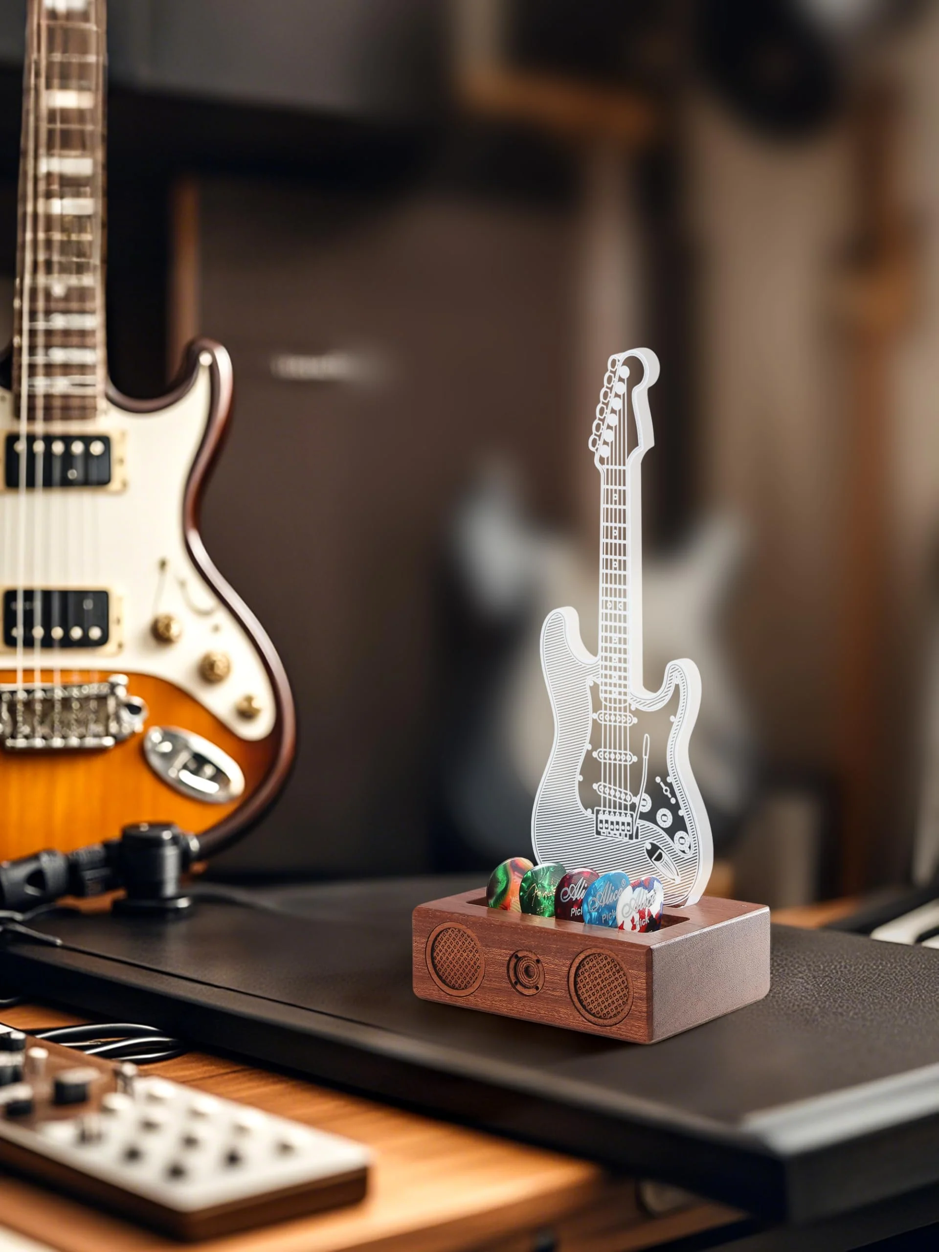 Light Up Guitar Pick Holder, Acrylic Electric Guitar Pick Holder with Audio Styling Wooden Base for Picks Storage and Display, Gift for Guitar Players Guitarists - Image 7