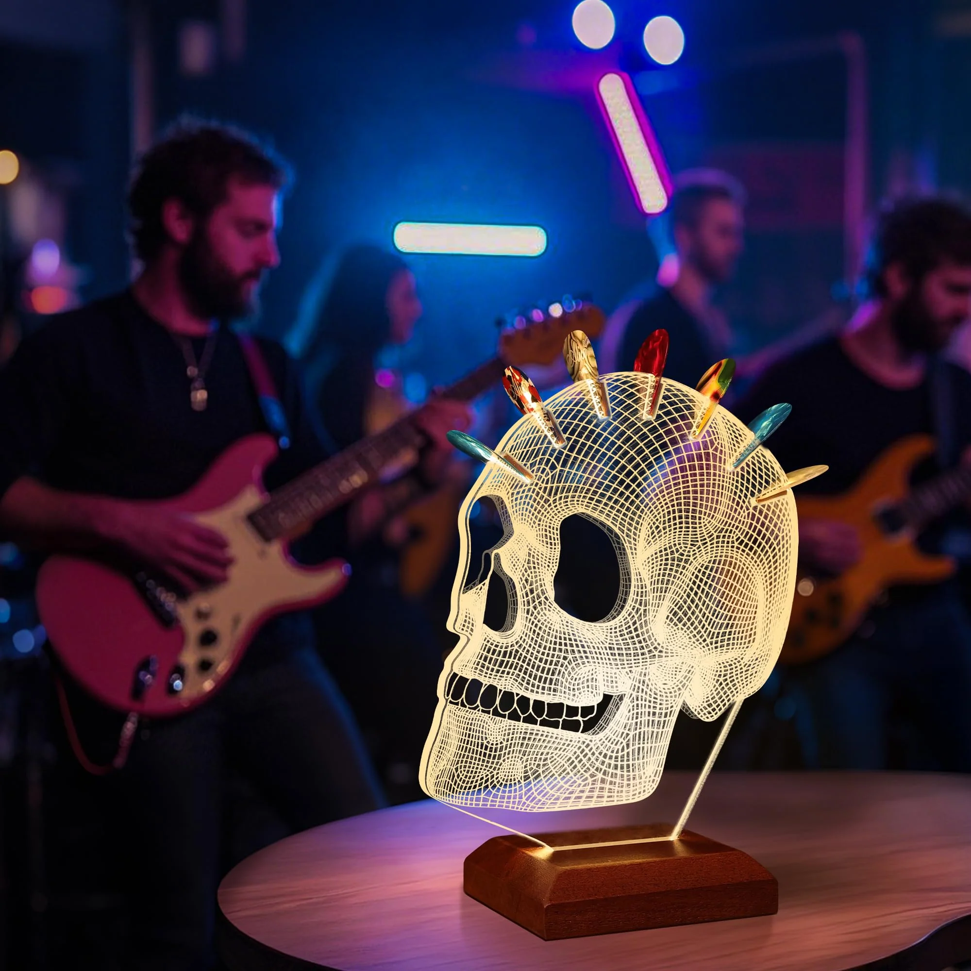 Light Up Guitar Pick Holder, Acrylic Skull Pick Holder with Wooden Base for Picks Storage and Display, Gift for Guitar Players Guitarists - Image 2