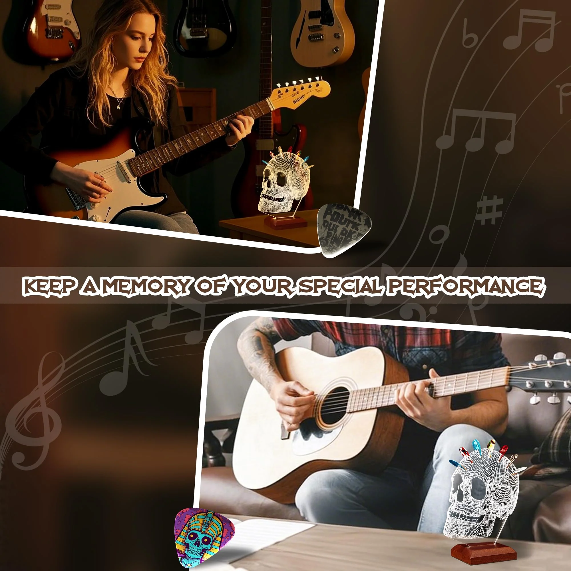 Light Up Guitar Pick Holder, Acrylic Skull Pick Holder with Wooden Base for Picks Storage and Display, Gift for Guitar Players Guitarists - Image 4