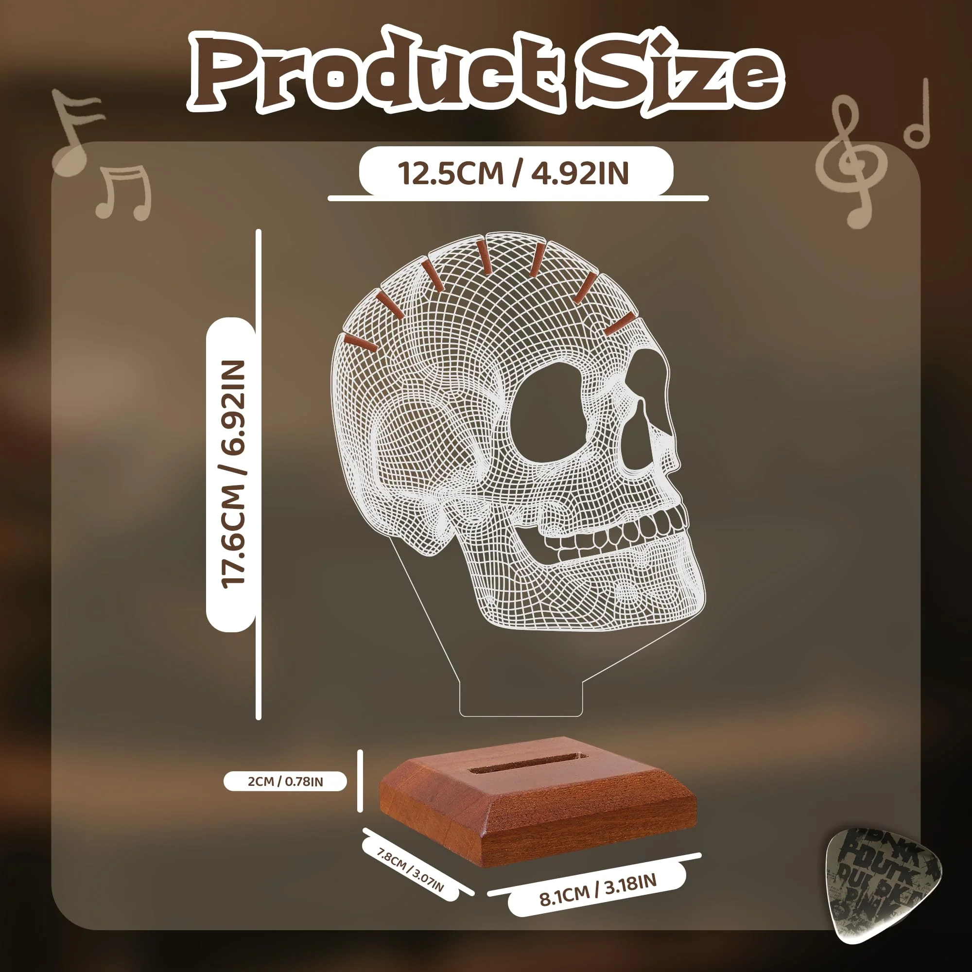 Light Up Guitar Pick Holder, Acrylic Skull Pick Holder with Wooden Base for Picks Storage and Display, Gift for Guitar Players Guitarists - Image 5