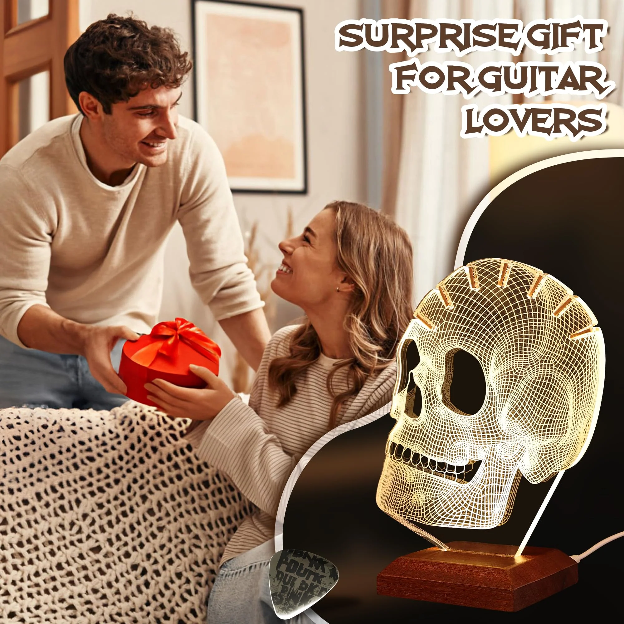 Light Up Guitar Pick Holder, Acrylic Skull Pick Holder with Wooden Base for Picks Storage and Display, Gift for Guitar Players Guitarists - Image 6