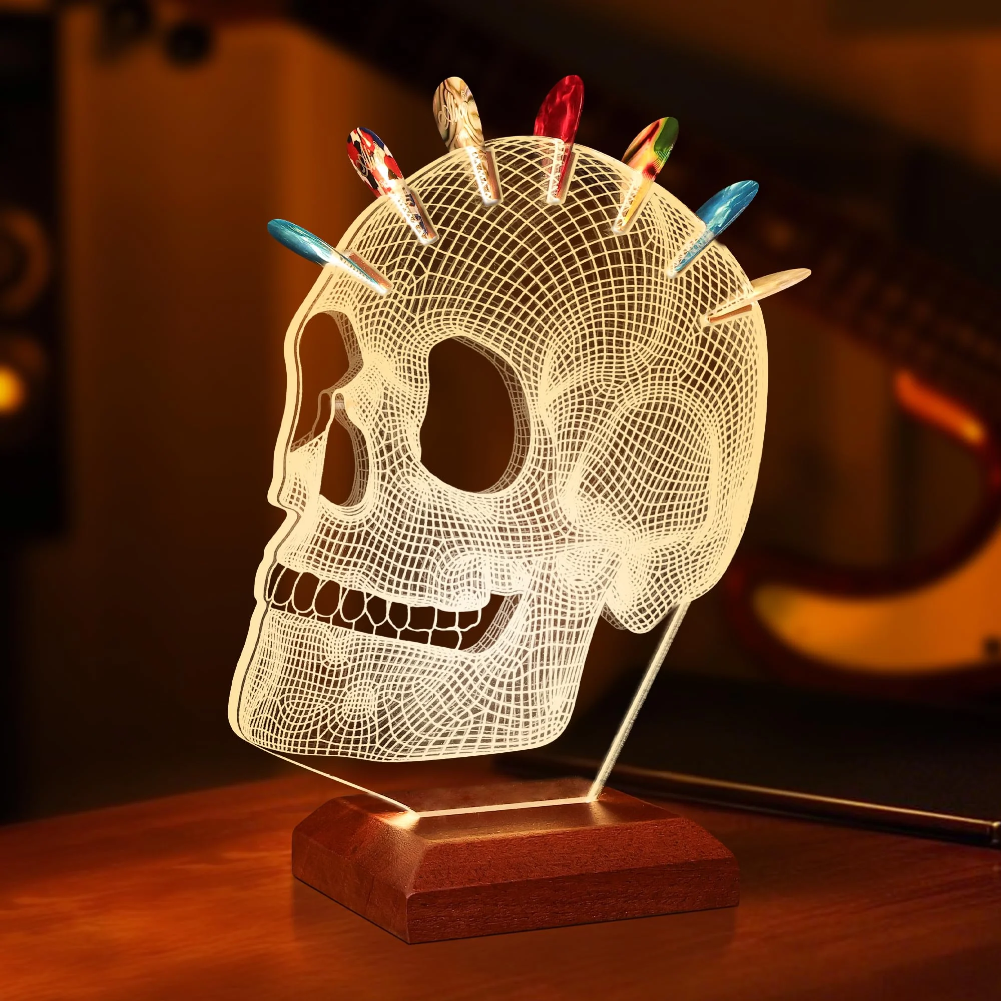Light Up Guitar Pick Holder, Acrylic Skull Pick Holder with Wooden Base for Picks Storage and Display, Gift for Guitar Players Guitarists - Image 7