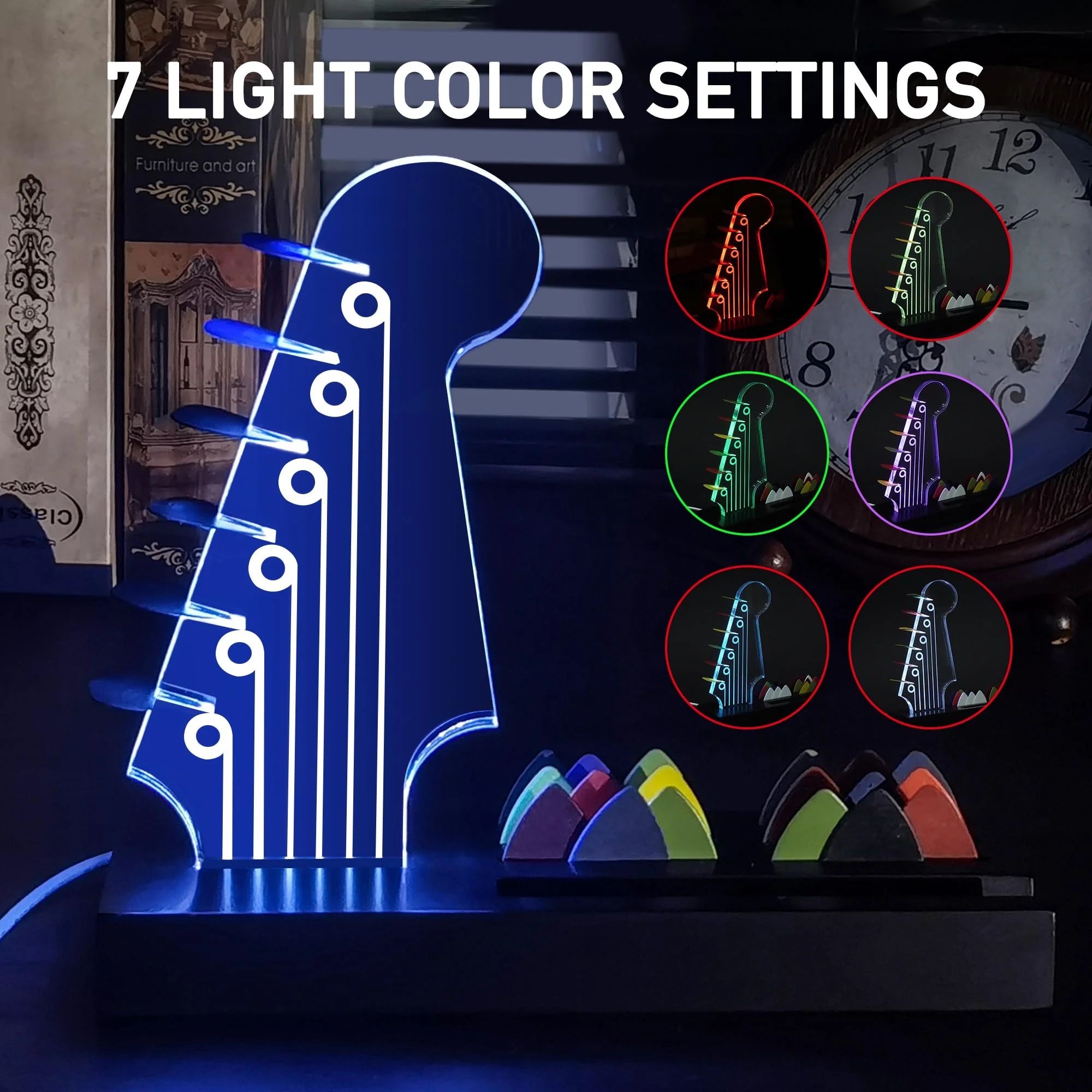 Light Up Guitar Pick Holder—Electric Guitar Headstock Design with 7-Color Changing Lights,Gifts for Music Lovers,Guitar Pick Display and Storage With Wooden Base&Phone Stand,Guitar Accessories. - Image 2