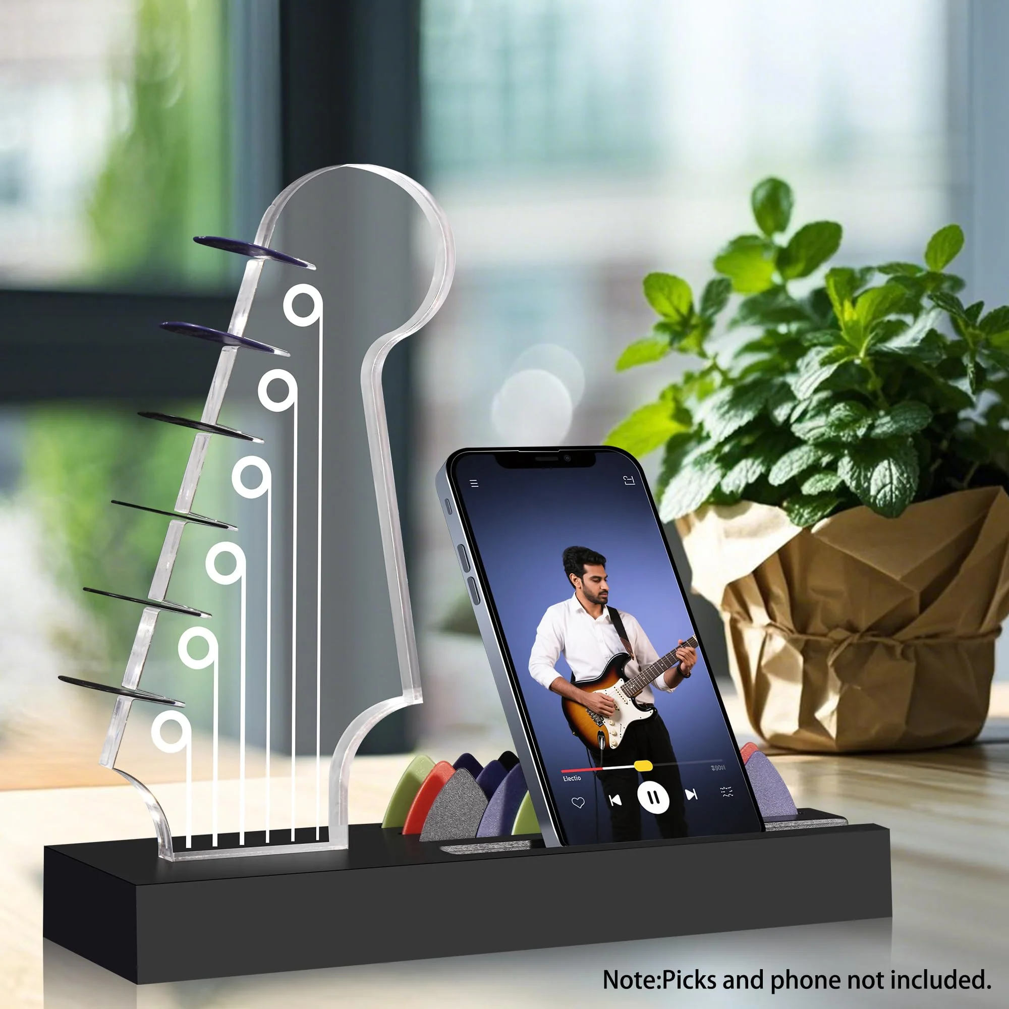 Light Up Guitar Pick Holder—Electric Guitar Headstock Design with 7-Color Changing Lights,Gifts for Music Lovers,Guitar Pick Display and Storage With Wooden Base&Phone Stand,Guitar Accessories. - Image 3