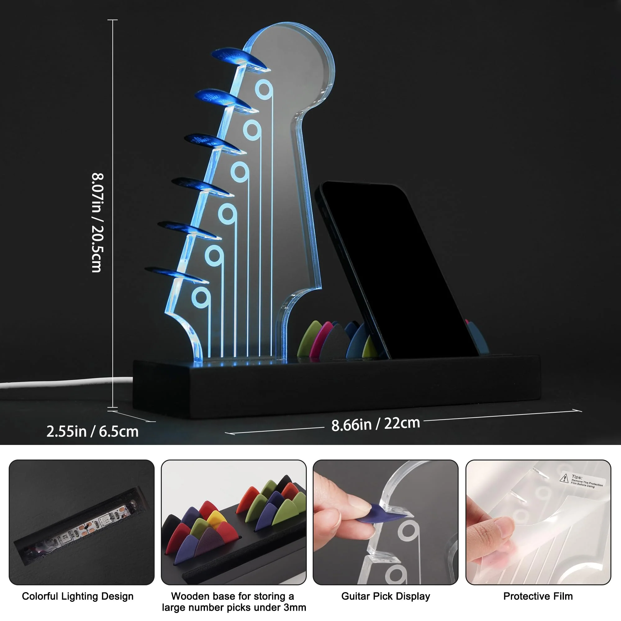 Light Up Guitar Pick Holder—Electric Guitar Headstock Design with 7-Color Changing Lights,Gifts for Music Lovers,Guitar Pick Display and Storage With Wooden Base&Phone Stand,Guitar Accessories. - Image 5