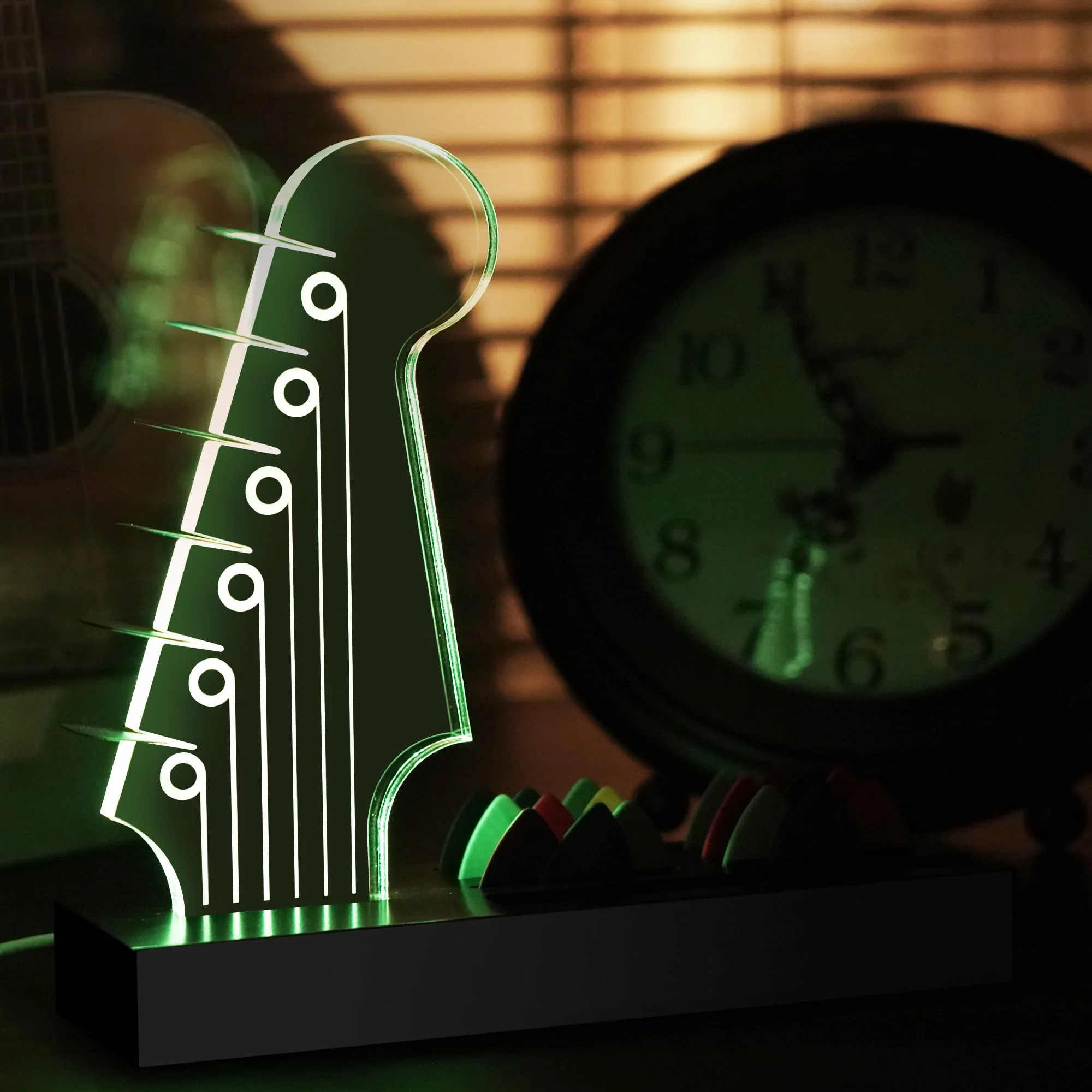 Light Up Guitar Pick Holder—Electric Guitar Headstock Design with 7-Color Changing Lights,Gifts for Music Lovers,Guitar Pick Display and Storage With Wooden Base&Phone Stand,Guitar Accessories. - Image 6