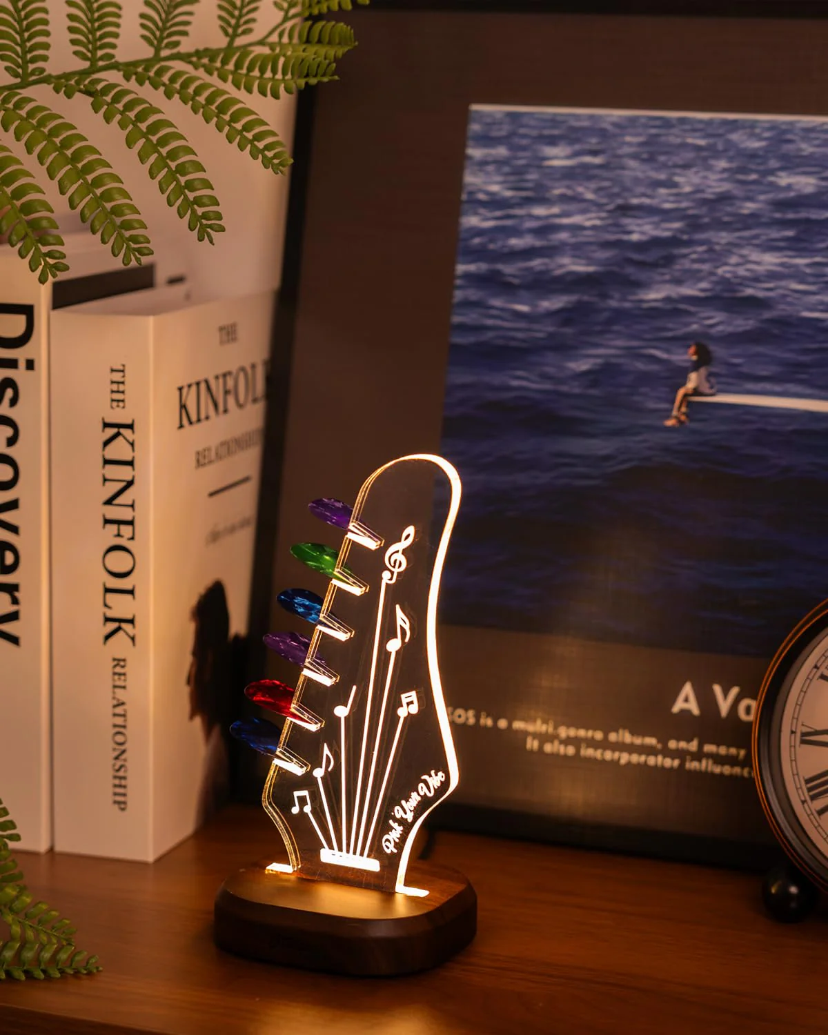 Light Up Guitar Pick Holder with 6 Guitar Picks, Acacia Wood & Acrylic Guitar Headstock Shaped Pick Holder Case for Guitar Pick Storage & Display, Guitar Music Accessories Gift for Guitar Lover Player - Image 2