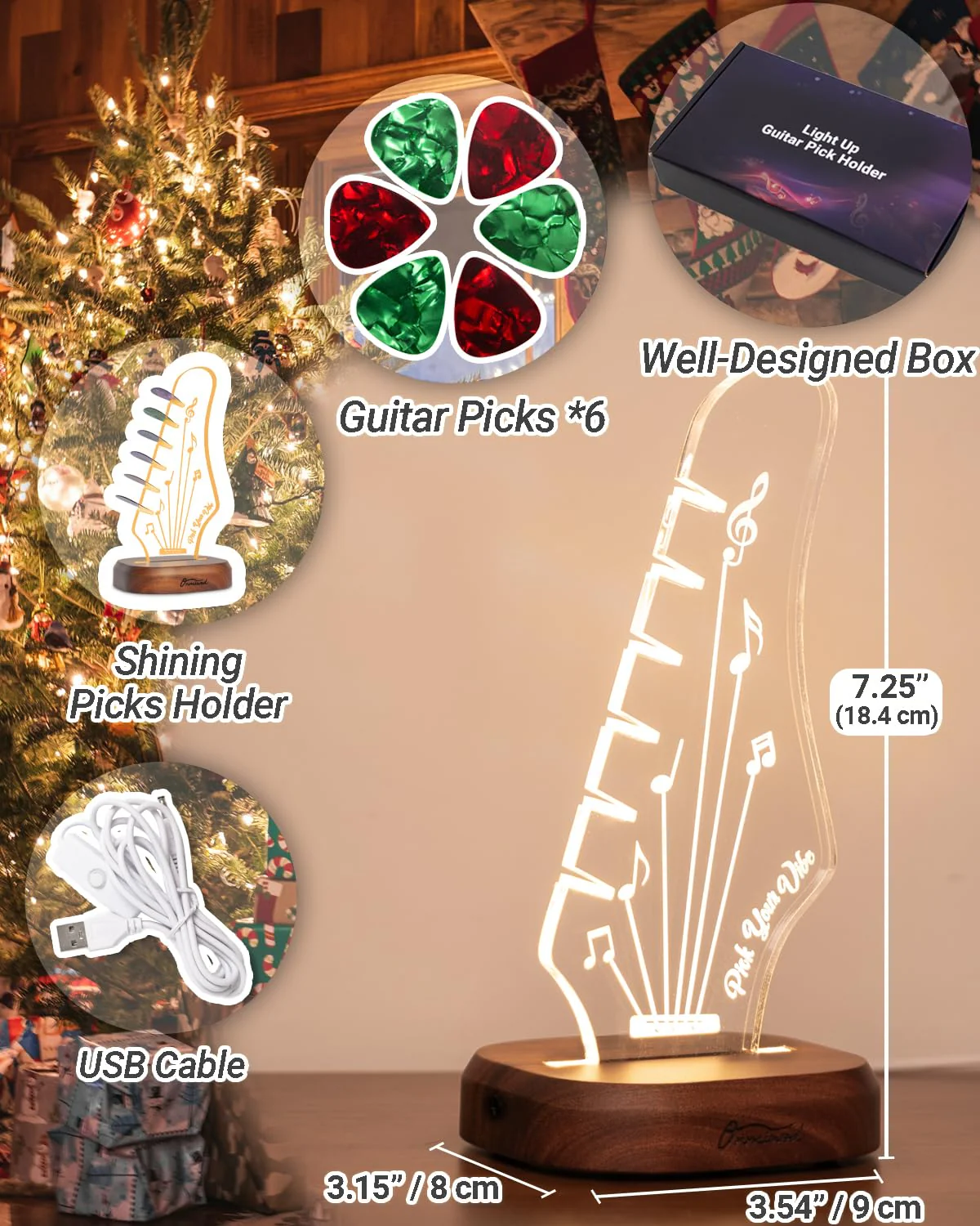 Light Up Guitar Pick Holder with 6 Guitar Picks, Acacia Wood & Acrylic Guitar Headstock Shaped Pick Holder Case for Guitar Pick Storage & Display, Guitar Music Accessories Gift for Guitar Lover Player - Image 3
