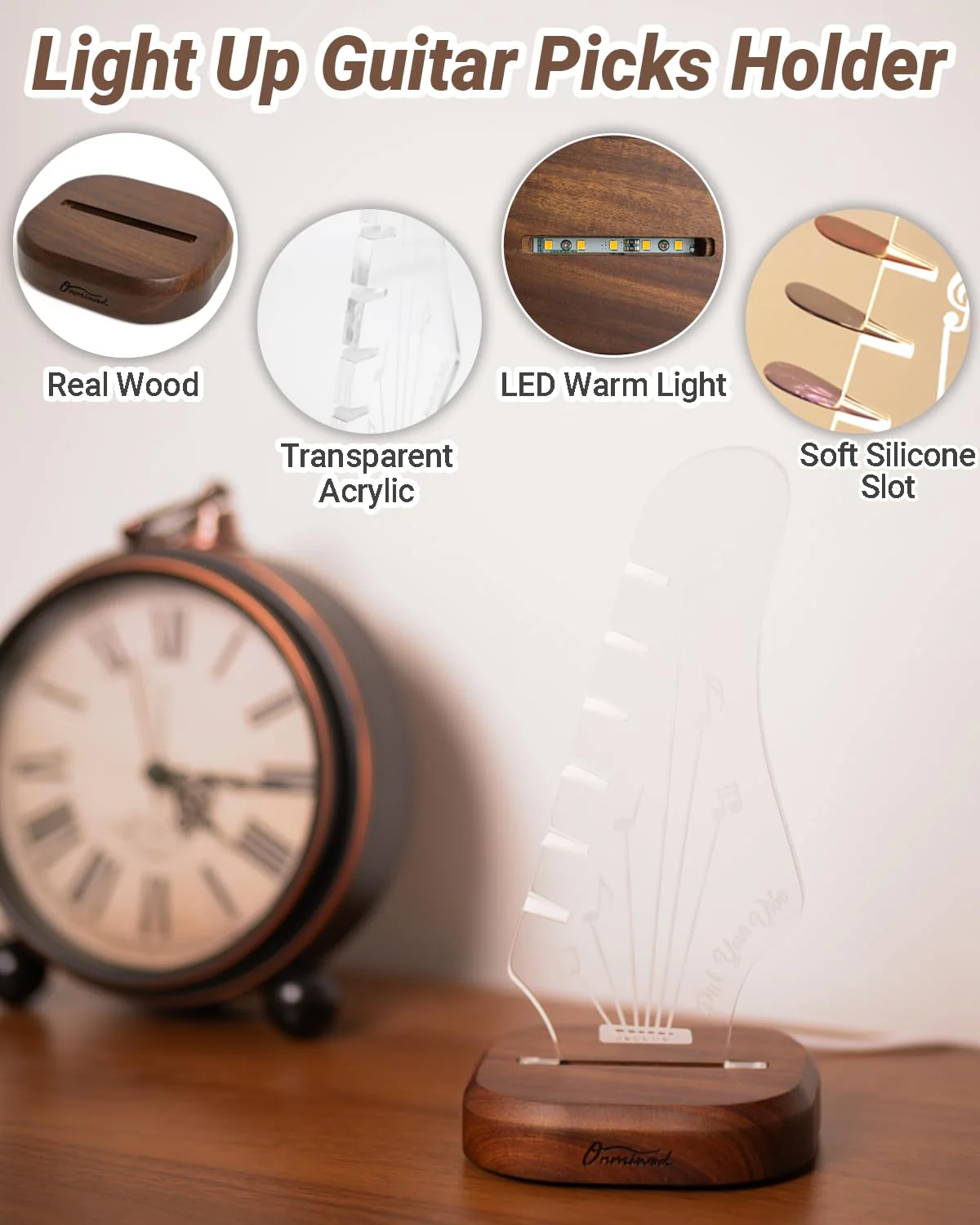 Light Up Guitar Pick Holder with 6 Guitar Picks, Acacia Wood & Acrylic Guitar Headstock Shaped Pick Holder Case for Guitar Pick Storage & Display, Guitar Music Accessories Gift for Guitar Lover Player - Image 4