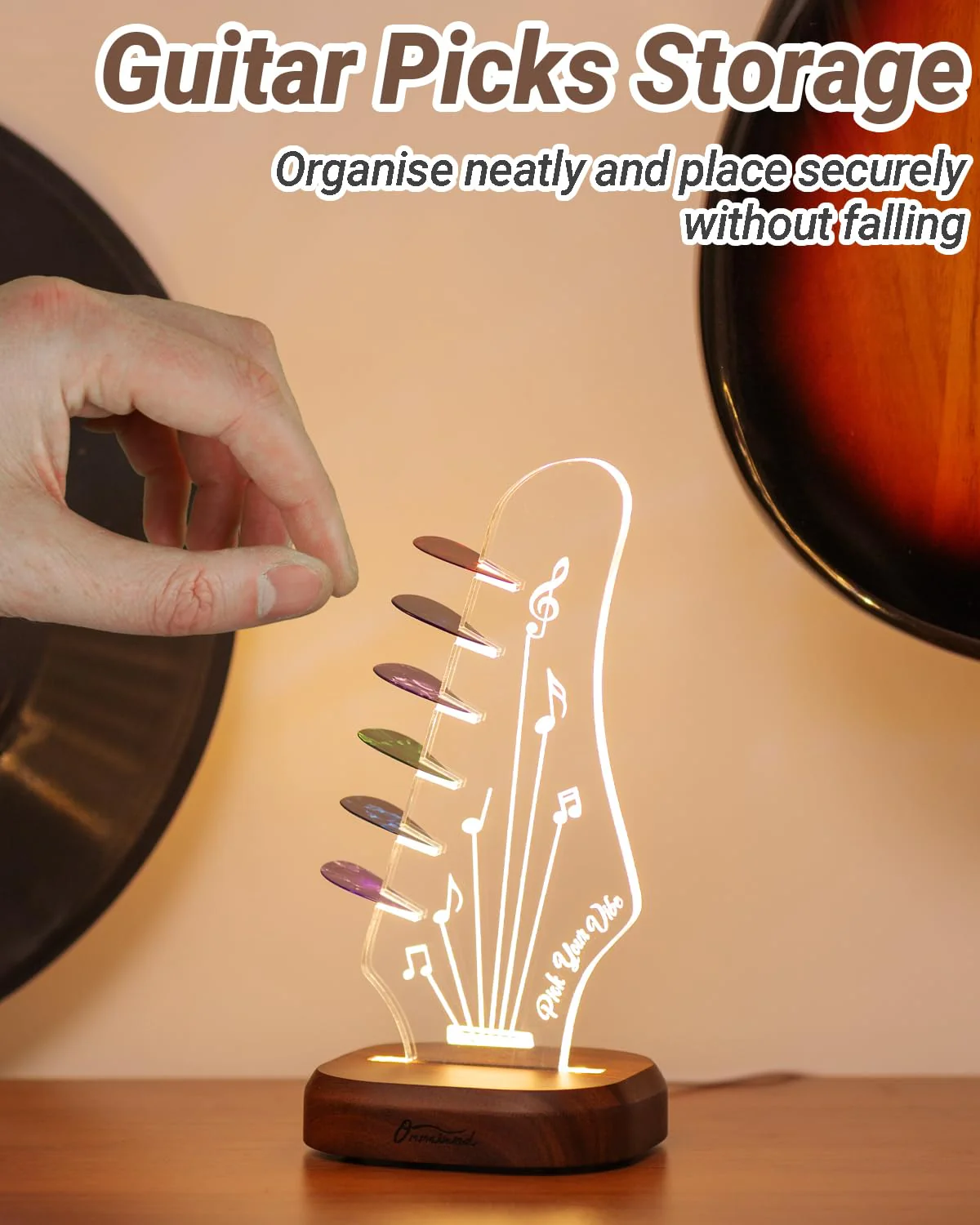 Light Up Guitar Pick Holder with 6 Guitar Picks, Acacia Wood & Acrylic Guitar Headstock Shaped Pick Holder Case for Guitar Pick Storage & Display, Guitar Music Accessories Gift for Guitar Lover Player - Image 6
