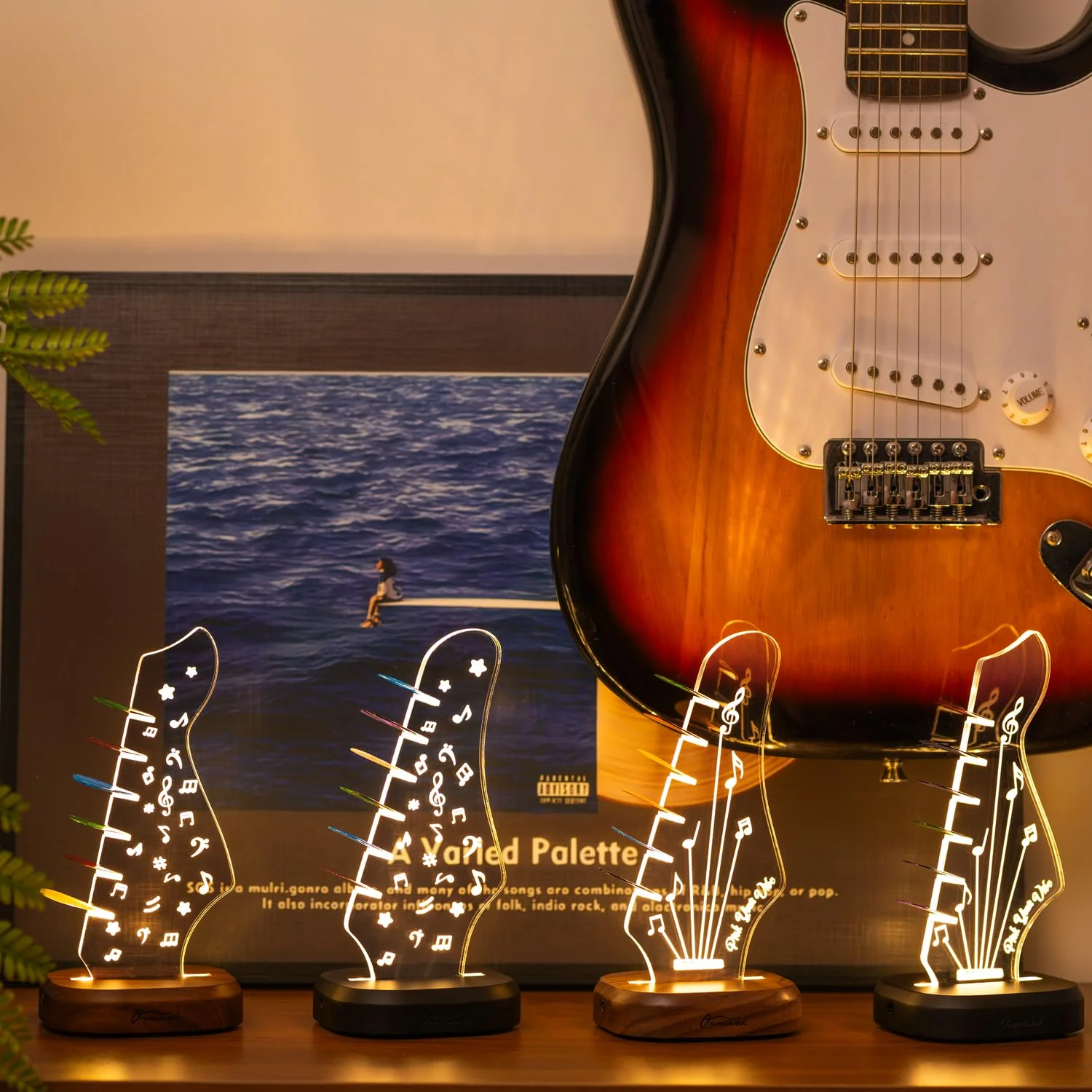 Light Up Guitar Pick Holder with 6 Guitar Picks, Acacia Wood & Acrylic Guitar Headstock Shaped Pick Holder Case for Guitar Pick Storage & Display, Guitar Music Accessories Gift for Guitar Lover Player - Image 7