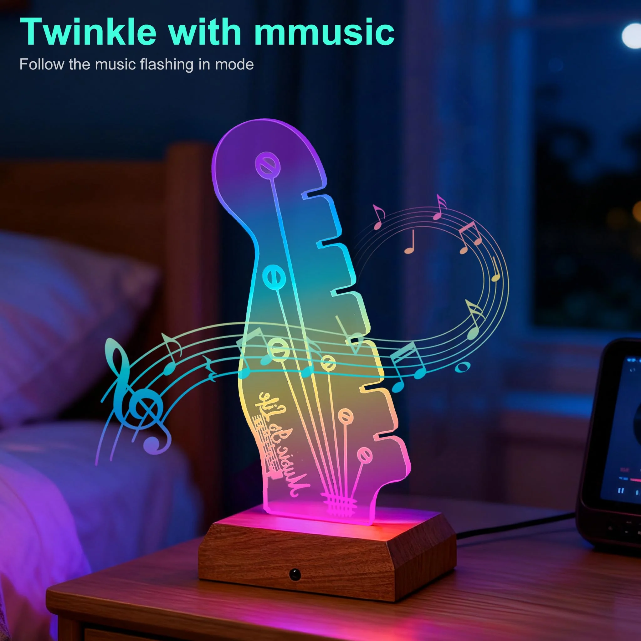 Light Up Guitar Pick Holder with Music Sync, 7-Color LED Guitar Pick Lamp with Remote Control, Acrylic 3D Guitar Pick Storage Rack, Birthday Gift for Music Lovers and Guitarists, Guitar Accessories - Image 2