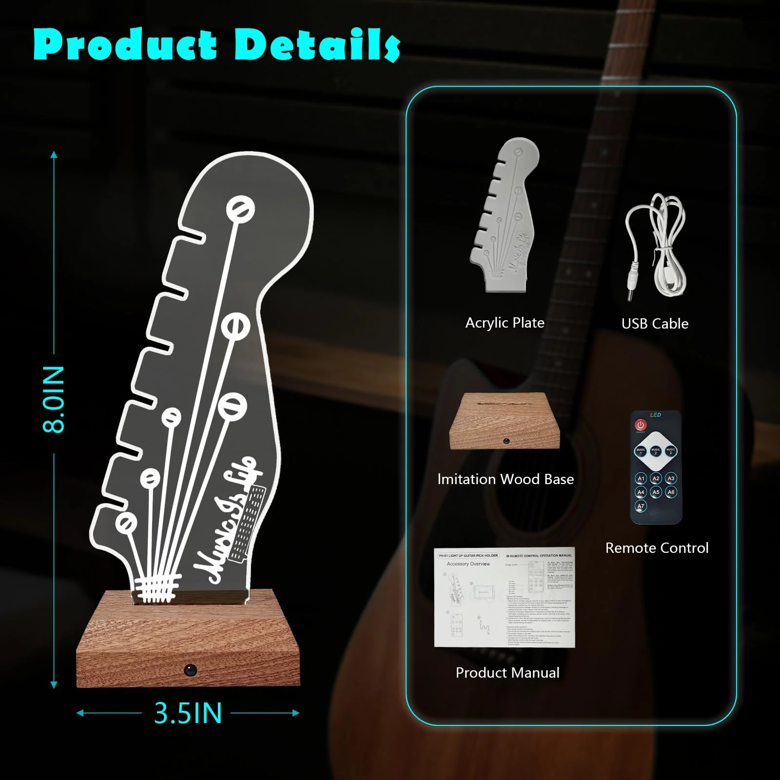 Light Up Guitar Pick Holder with Music Sync, 7-Color LED Guitar Pick Lamp with Remote Control, Acrylic 3D Guitar Pick Storage Rack, Birthday Gift for Music Lovers and Guitarists, Guitar Accessories - Image 7