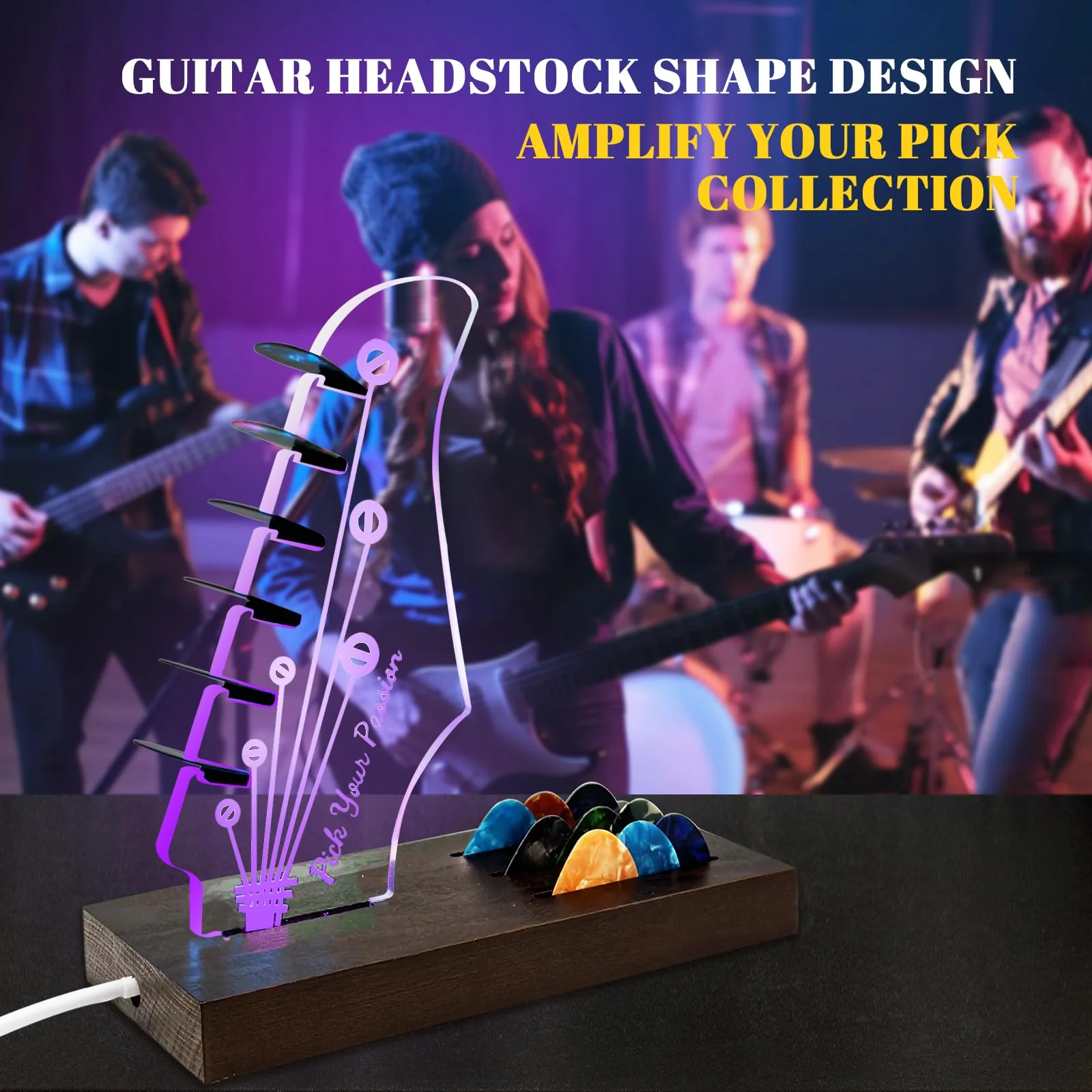 Light Up Guitar Pick Holder, Wooden Guitar Pick Holder for Picks Storage and Display, Music Gift for Men Guitar Music Lovers Players Guitarist, Guitar Accessories Guitar Pick Holder-1 - Image 2