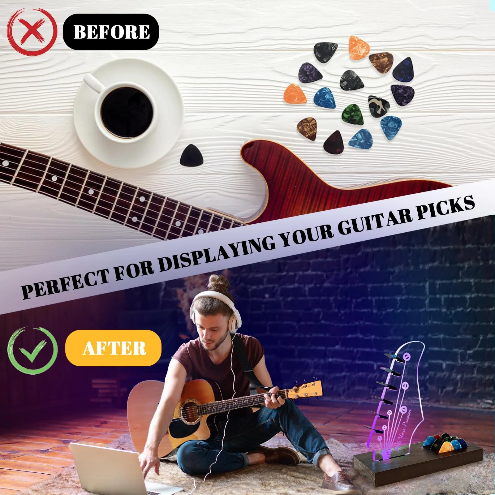 Light Up Guitar Pick Holder, Wooden Guitar Pick Holder for Picks Storage and Display, Music Gift for Men Guitar Music Lovers Players Guitarist, Guitar Accessories Guitar Pick Holder-1 - Image 4