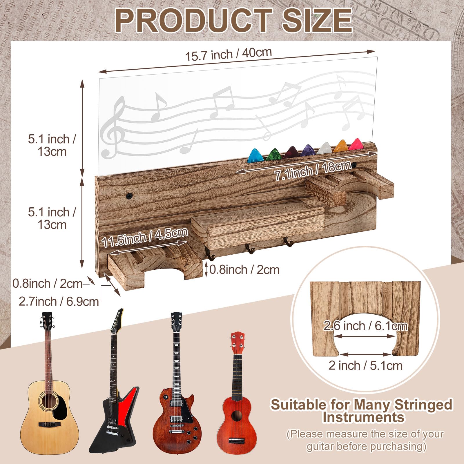 Light up Guitar Stand Wall Mount Wood Hanger Shelf with Pick Holder and 3 Hooks for Acoustic Electric Bass Ukulele Violin Guitar Gifts for Musicians Music Lovers Guitarist(Light Color) Light Color - Image 2