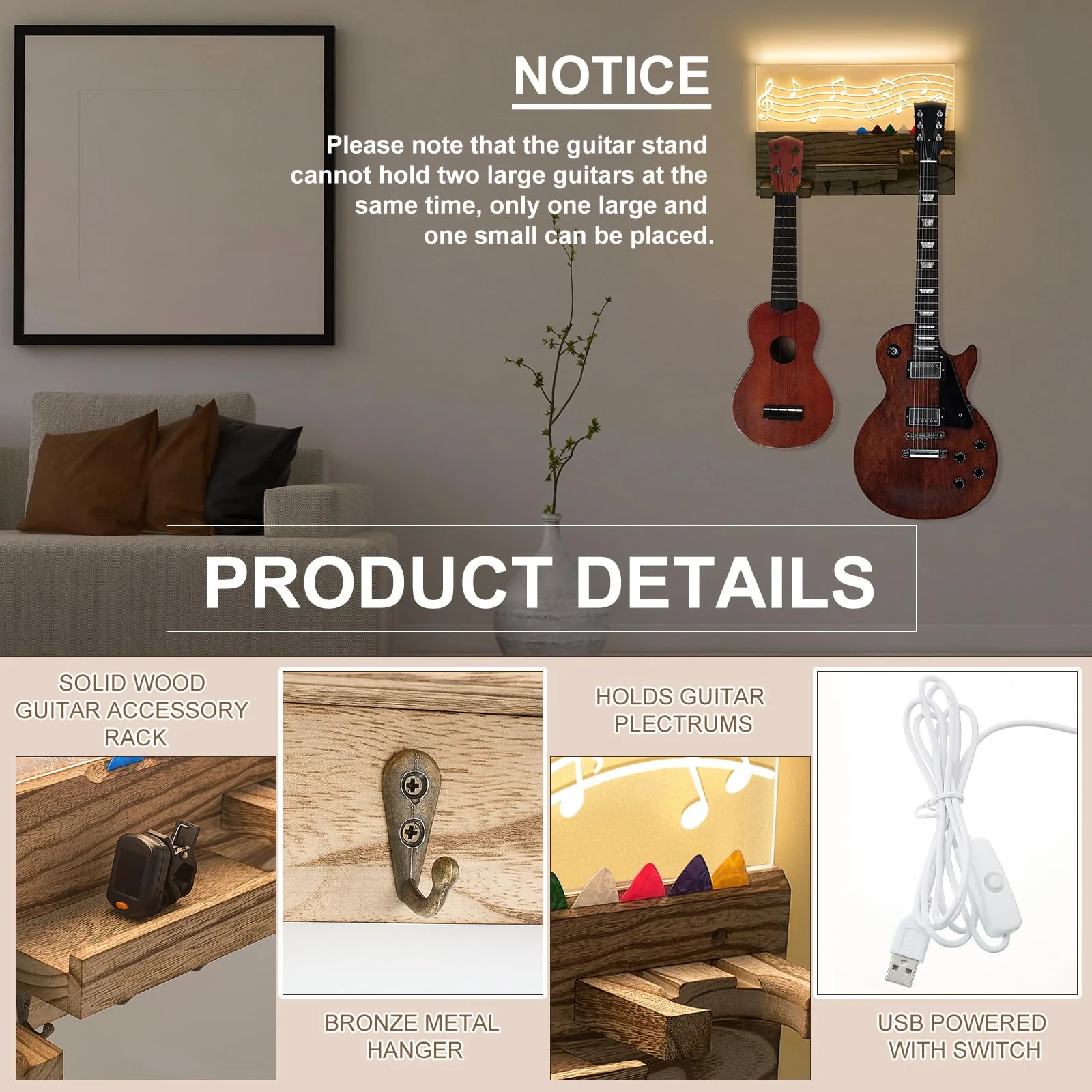 Light up Guitar Stand Wall Mount Wood Hanger Shelf with Pick Holder and 3 Hooks for Acoustic Electric Bass Ukulele Violin Guitar Gifts for Musicians Music Lovers Guitarist(Light Color) Light Color - Image 3