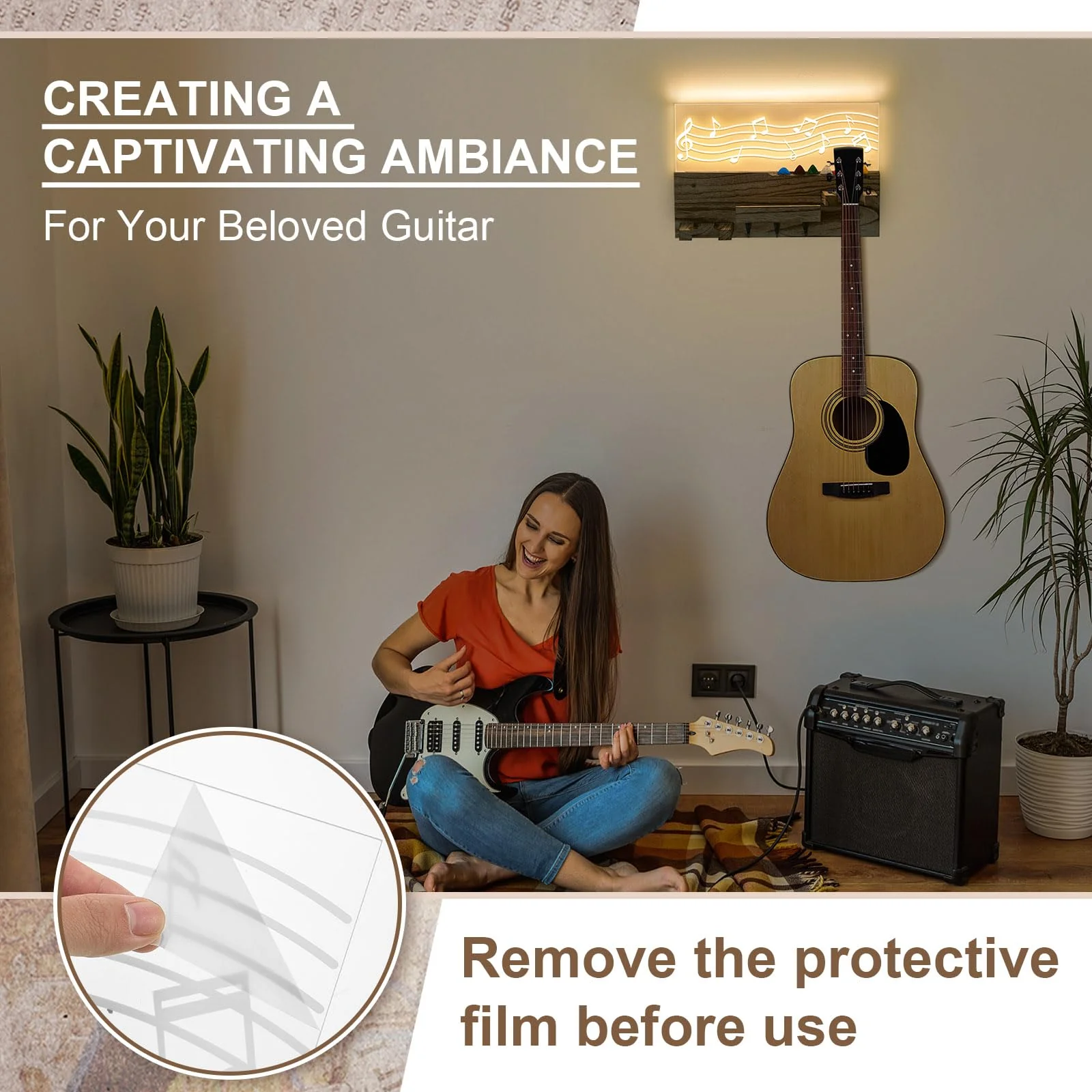 Light up Guitar Stand Wall Mount Wood Hanger Shelf with Pick Holder and 3 Hooks for Acoustic Electric Bass Ukulele Violin Guitar Gifts for Musicians Music Lovers Guitarist(Light Color) Light Color - Image 5