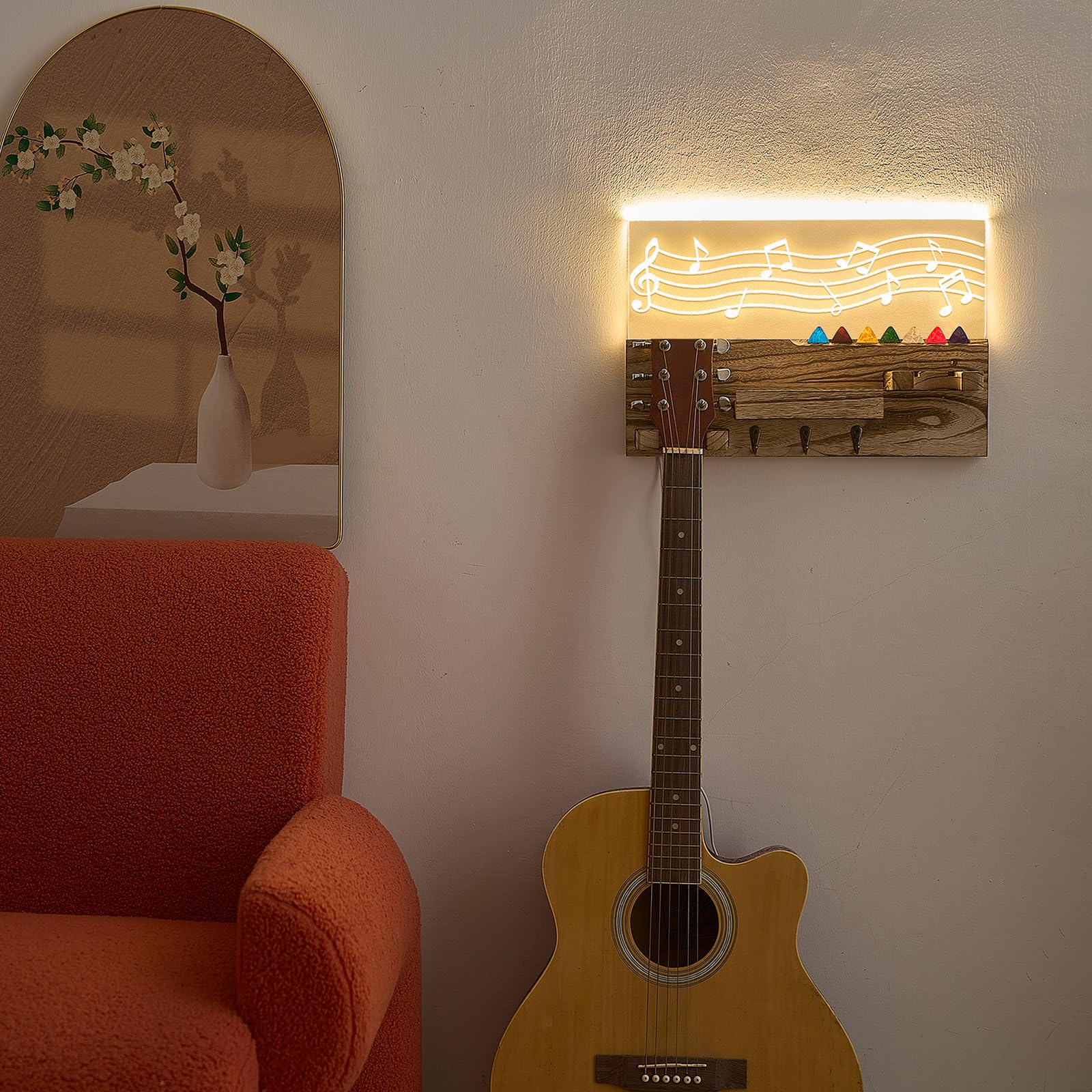 Light up Guitar Stand Wall Mount Wood Hanger Shelf with Pick Holder and 3 Hooks for Acoustic Electric Bass Ukulele Violin Guitar Gifts for Musicians Music Lovers Guitarist(Light Color) Light Color - Image 6