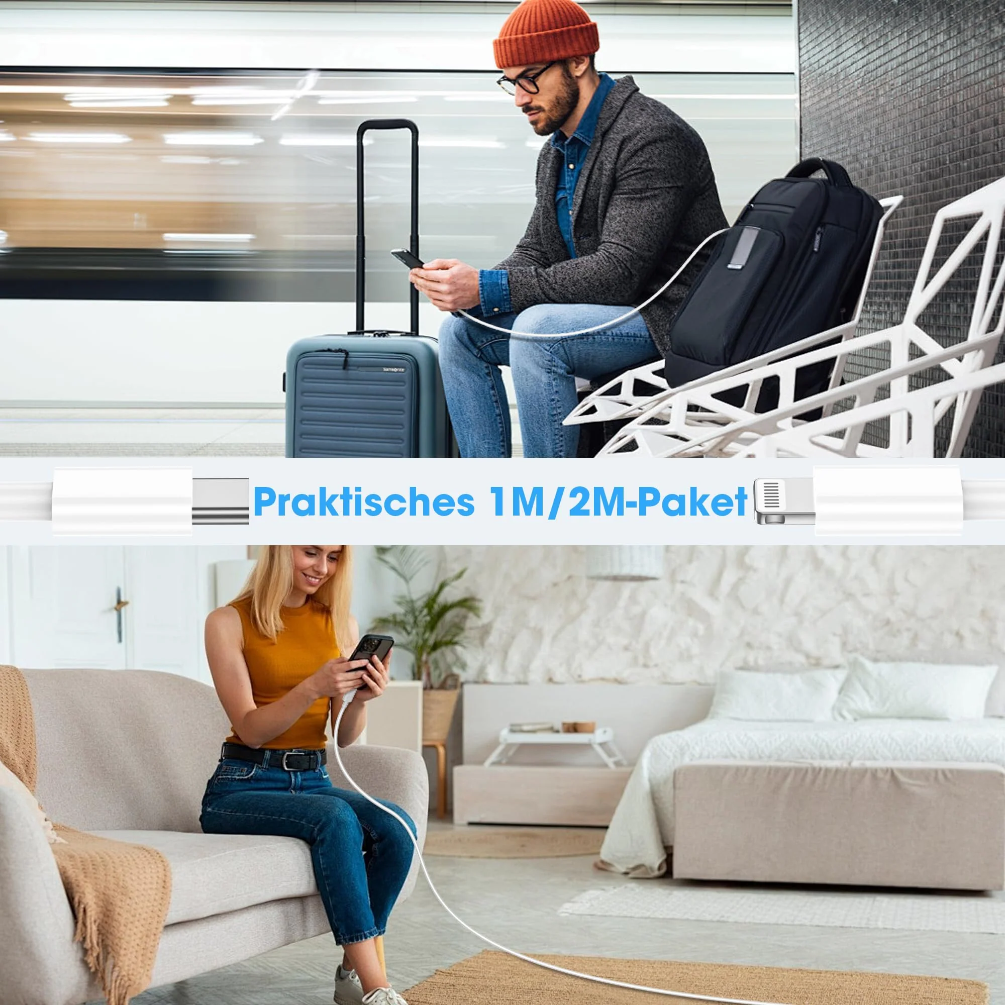 Lightning Cable USB C 2 Pack 1 M + 2 M for iPhone Charging Cable MFi Certified Original for Apple Fast Charging Cable for iPhone 14/13/12/11/Pro/Pro Max/Mini/XR/XS/XS Max/X/8/7/6/6s/Plus/iPad White - Image 4