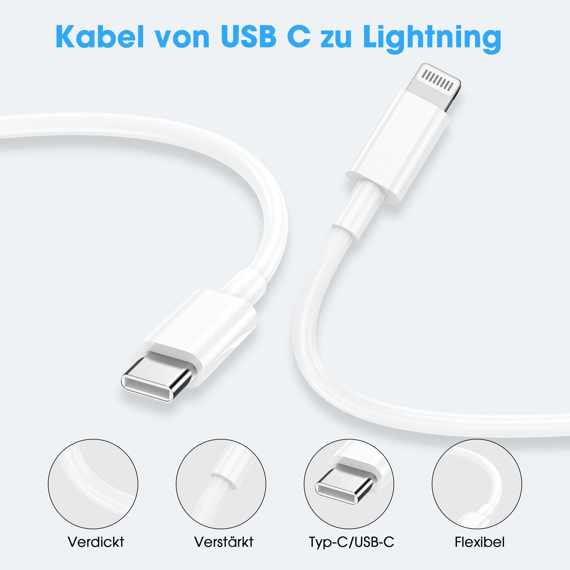 Lightning Cable USB C 2 Pack 1 M + 2 M for iPhone Charging Cable MFi Certified Original for Apple Fast Charging Cable for iPhone 14/13/12/11/Pro/Pro Max/Mini/XR/XS/XS Max/X/8/7/6/6s/Plus/iPad White - Image 5