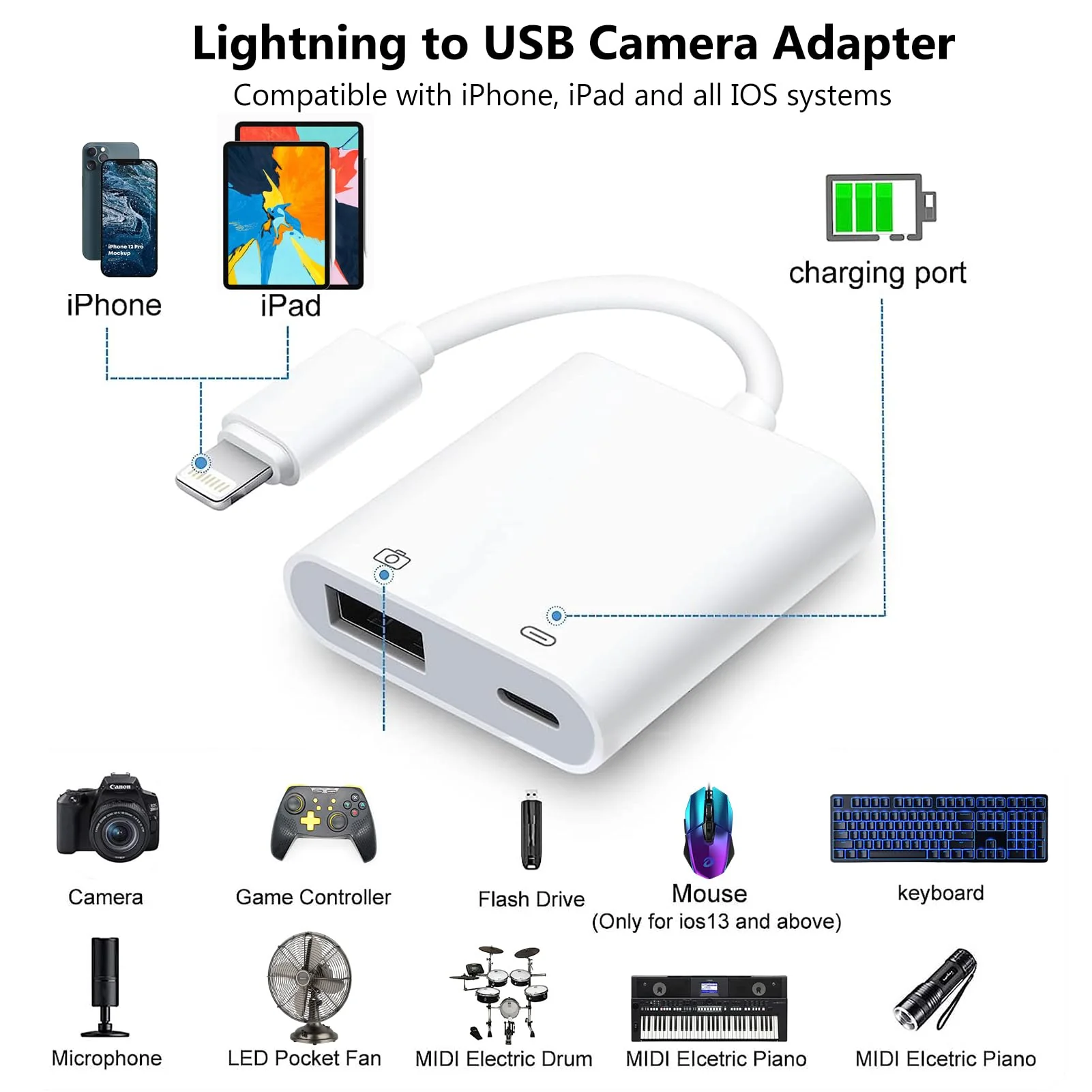 Lightning to USB Camera Adapter for iPhone with Charging Port USB 3.0 Female OTG Cable for iPad to Connect Card Reader USB Flash Drive U Disk Keyboard Mouse Hubs Midi - Image 2