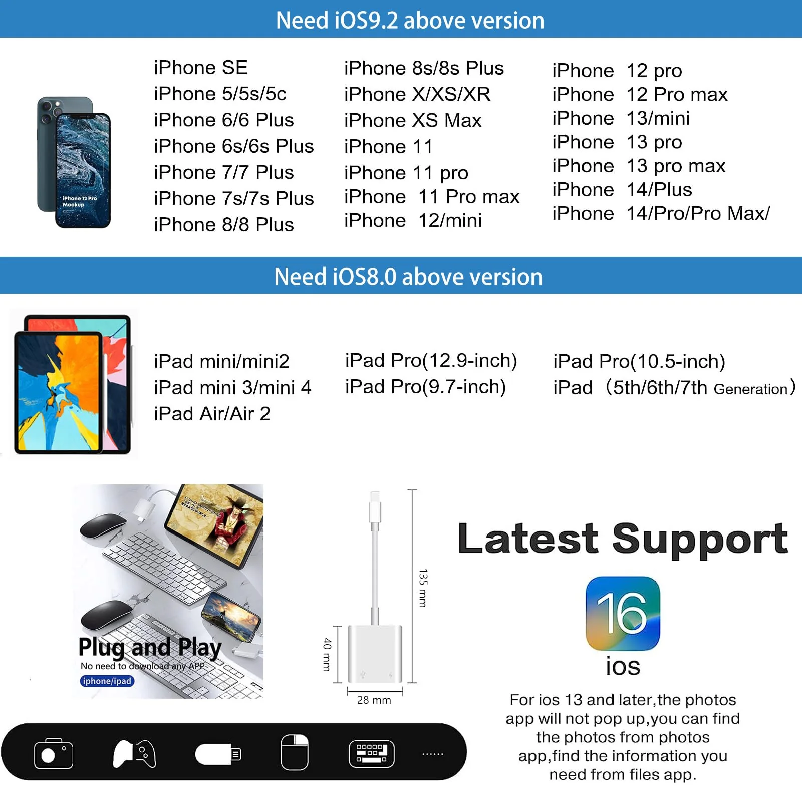 Lightning to USB Camera Adapter for iPhone with Charging Port USB 3.0 Female OTG Cable for iPad to Connect Card Reader USB Flash Drive U Disk Keyboard Mouse Hubs Midi - Image 3