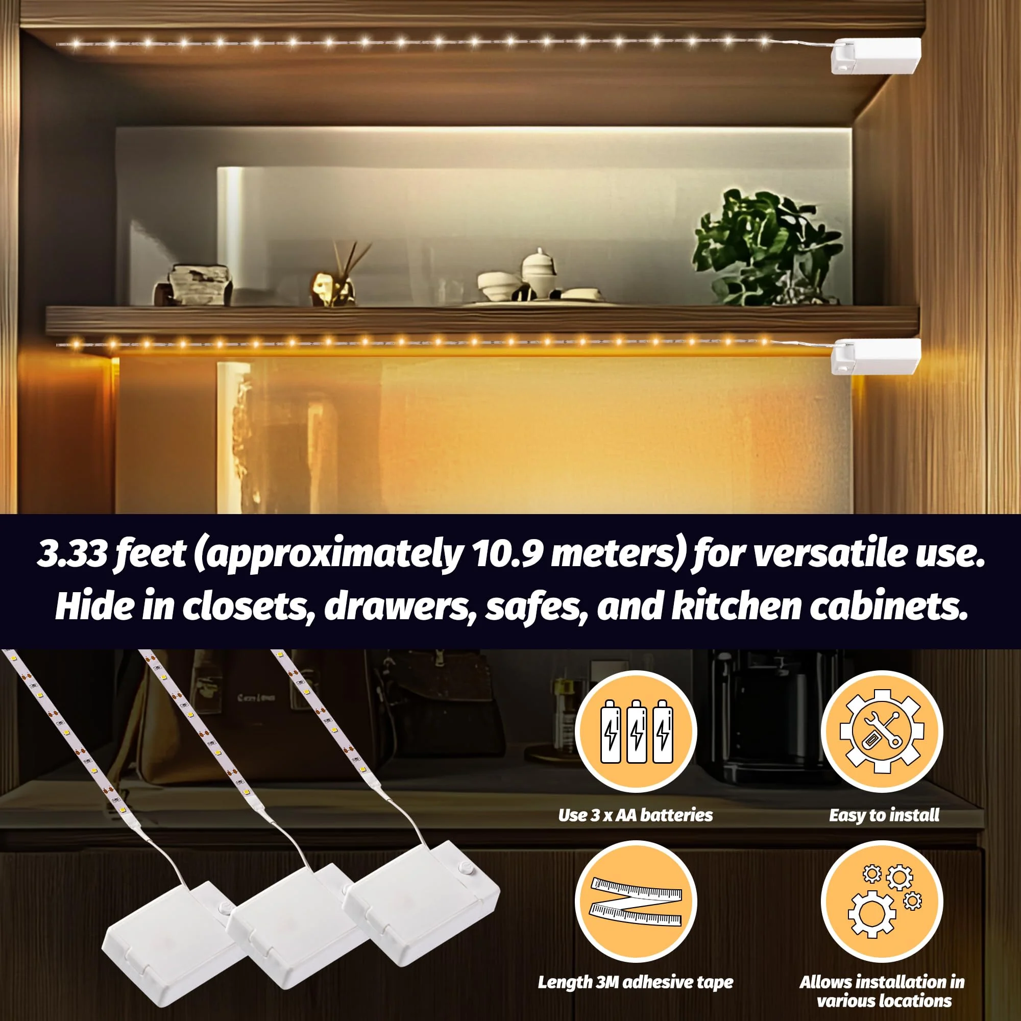Lights Strip Led Strip Lighting Battery Powered 3-Pack, Wireless LED Light Strip Suitable for Lighting Under Cabinet Closet Shelves Shoe Cabinet Bookshelf Home Kitchen Outdoor Indoor - Image 3