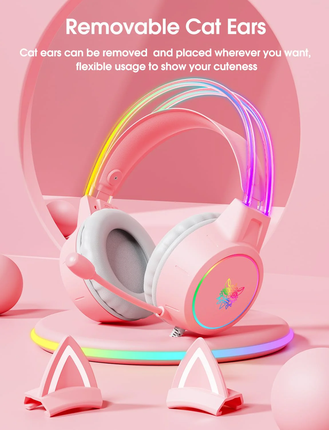 Lightweight Gaming Headset with Detachable Cat Ears, RGB Lighting, Wired Over Ear Headphones with Mic for PC, PS4, PS5, Switch, Stereo Surround Sound, Self-Adjusting Headband Pink Cat Ear - Image 2
