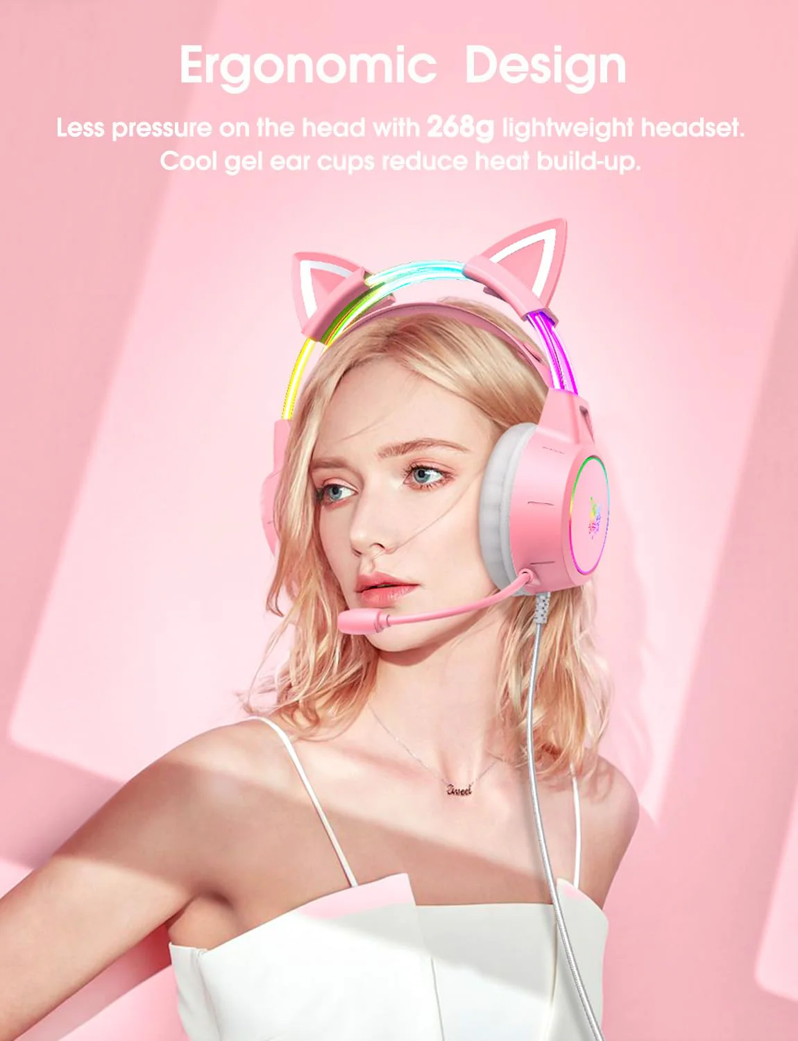 Lightweight Gaming Headset with Detachable Cat Ears, RGB Lighting, Wired Over Ear Headphones with Mic for PC, PS4, PS5, Switch, Stereo Surround Sound, Self-Adjusting Headband Pink Cat Ear - Image 7