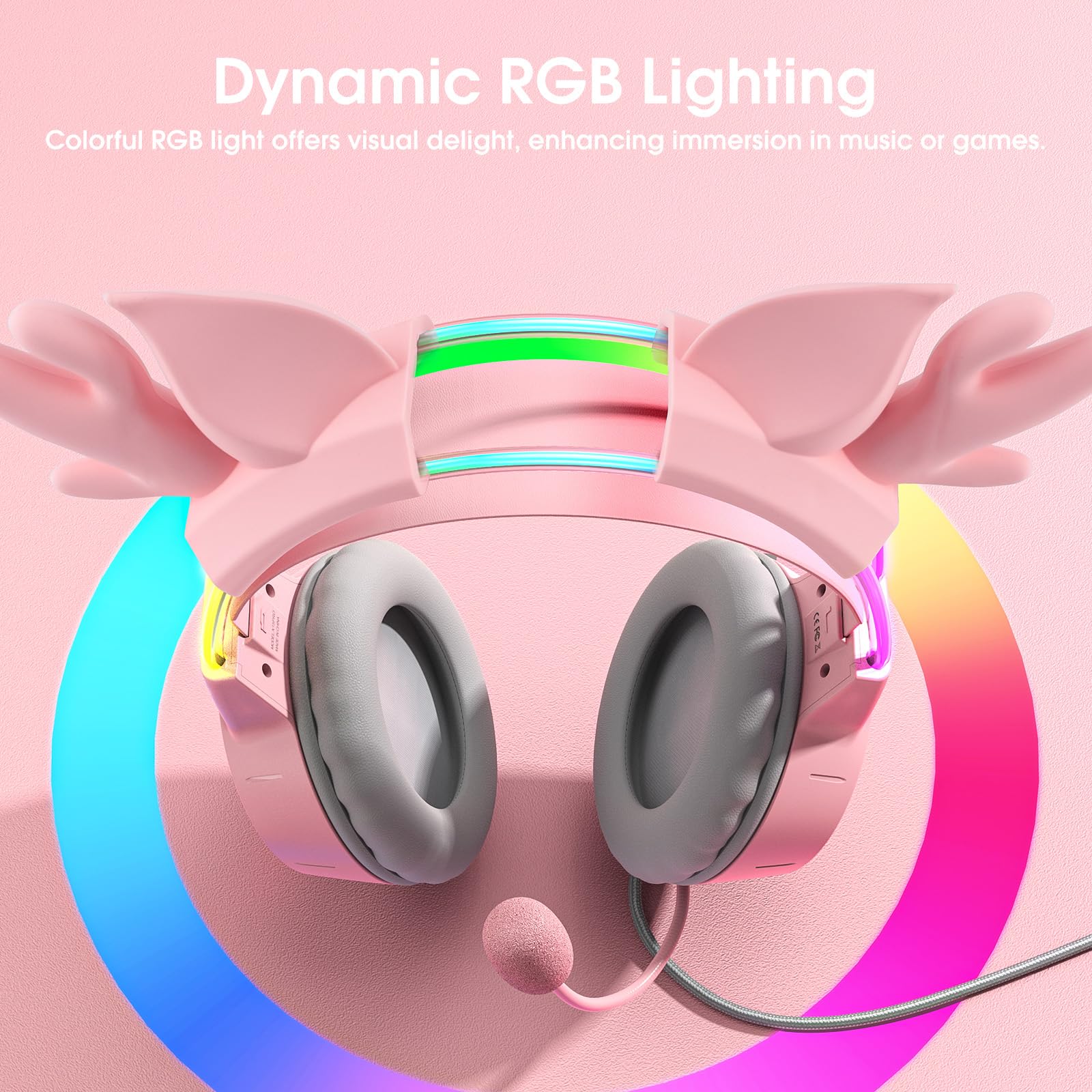 Lightweight Gaming Headset with Detachable Deer Ears, RGB Lighting, Wired Over Ear Headphones with Mic for PC, PS4, PS5, Xbox, Switch, Stereo Surround Sound, Self-Adjusting Headband Pink Deer Ear - Image 2