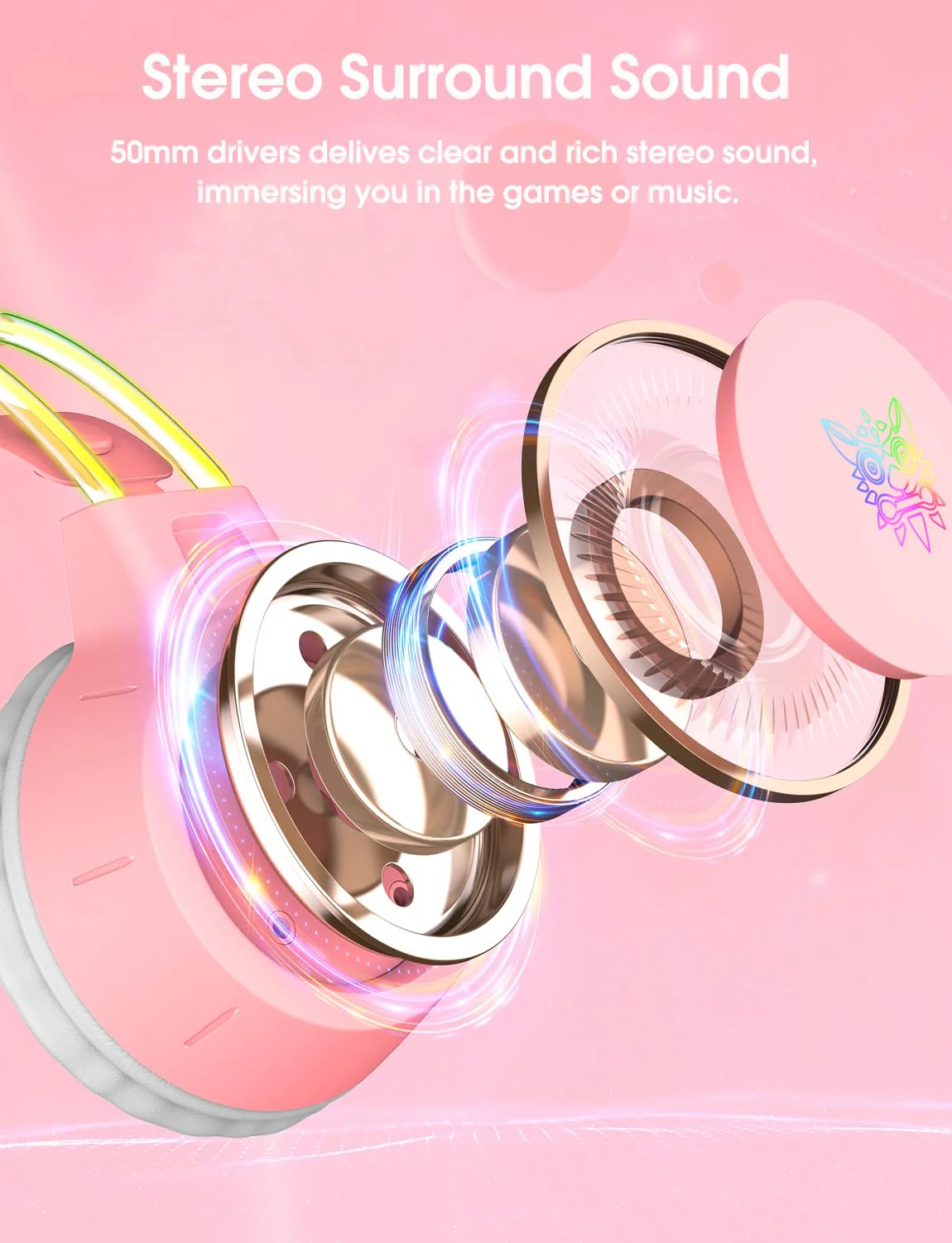 Lightweight Gaming Headset with Detachable Deer Ears, RGB Lighting, Wired Over Ear Headphones with Mic for PC, PS4, PS5, Xbox, Switch, Stereo Surround Sound, Self-Adjusting Headband Pink Deer Ear - Image 3