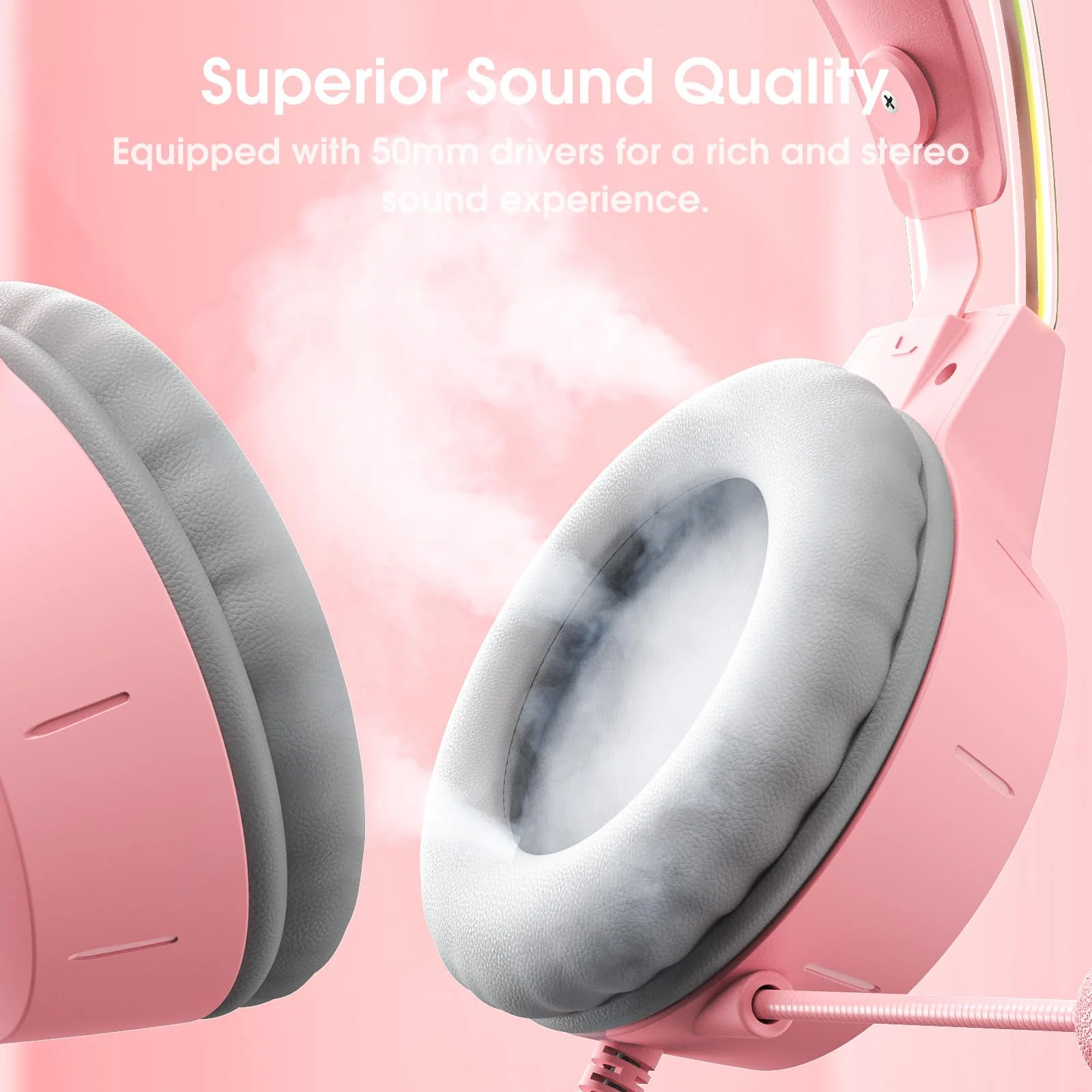 Lightweight Gaming Headset with Detachable Deer Ears, RGB Lighting, Wired Over Ear Headphones with Mic for PC, PS4, PS5, Xbox, Switch, Stereo Surround Sound, Self-Adjusting Headband Pink Deer Ear - Image 5