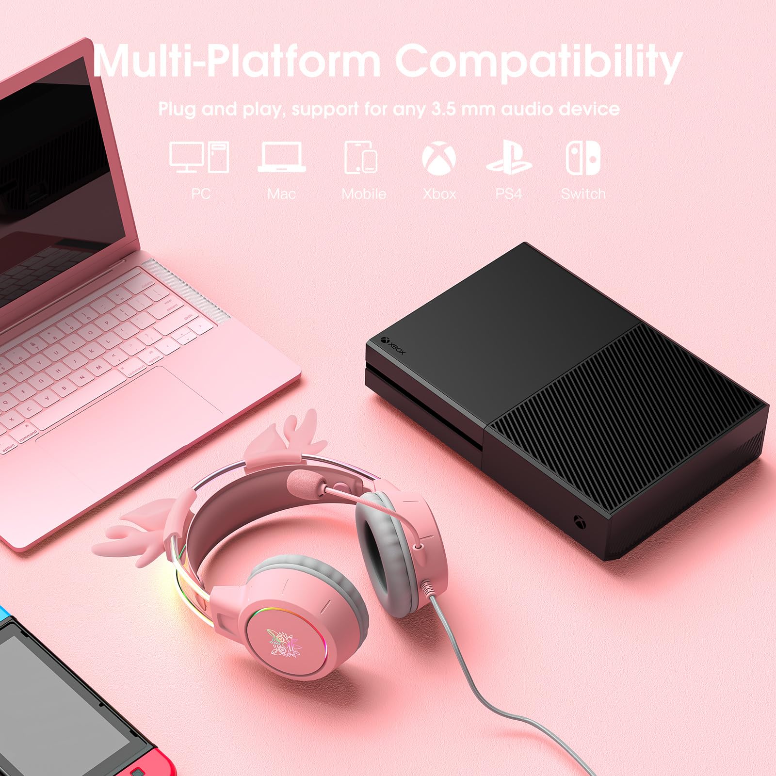 Lightweight Gaming Headset with Detachable Deer Ears, RGB Lighting, Wired Over Ear Headphones with Mic for PC, PS4, PS5, Xbox, Switch, Stereo Surround Sound, Self-Adjusting Headband Pink Deer Ear - Image 6