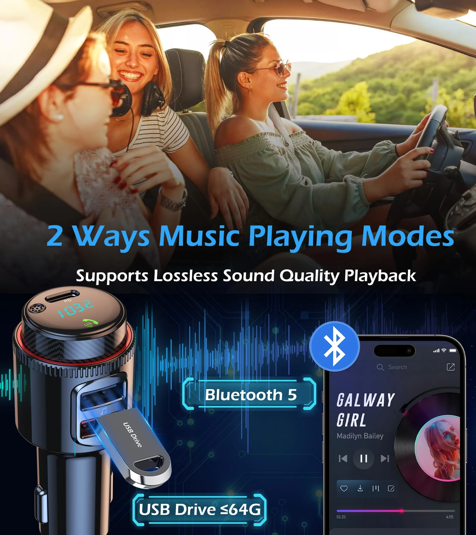 LIHAN Bluetooth 5.4 Car FM Transmitter, Wireless AUX Adapter with USB-C PD 30W & QC3.0 18W Dual Fast Charging, HiFi Bass EQ, CVC Hands-Free Calls, Siri/Google Assistant, 12V/24V Cars/Trucks/Vans - Image 3