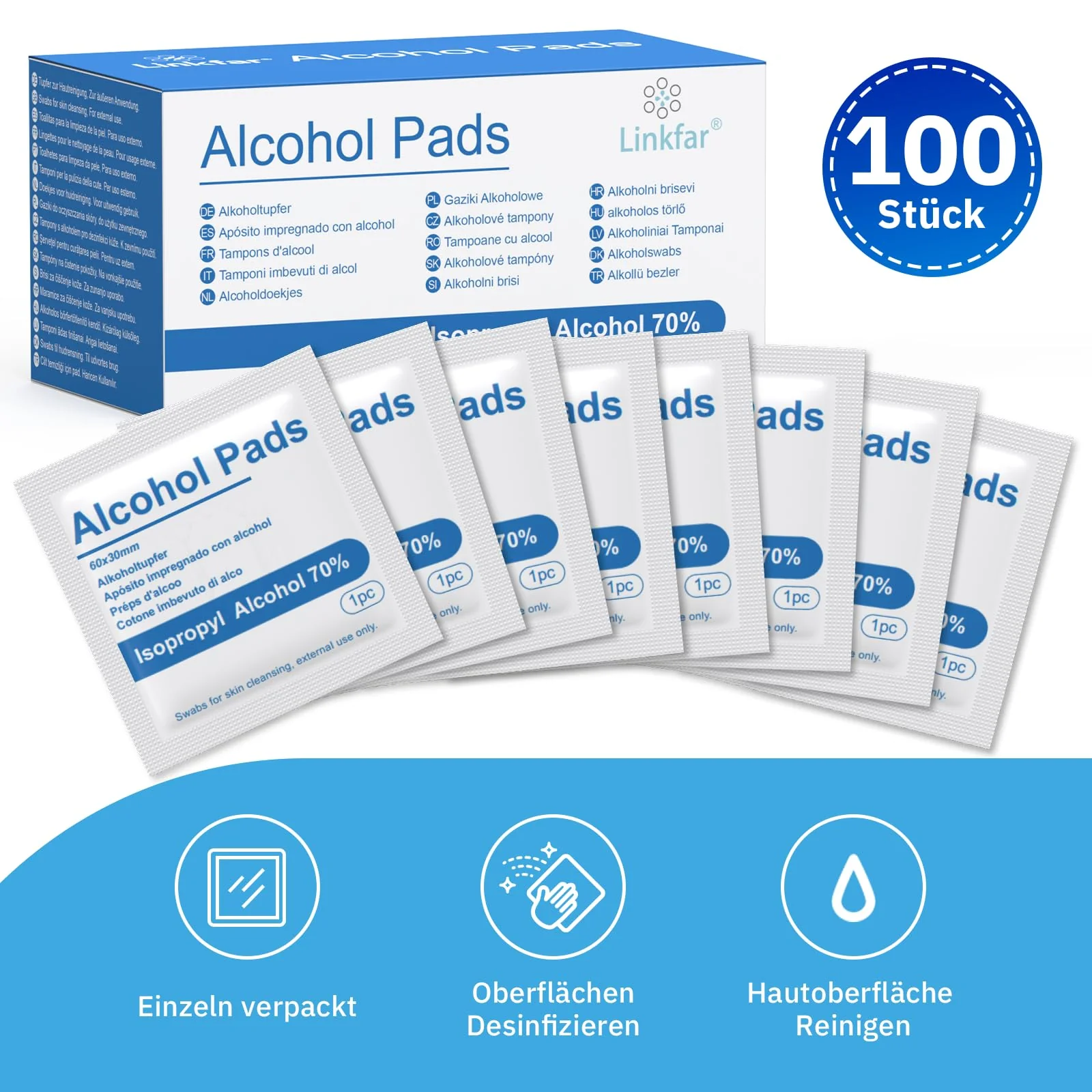 Linkfar Alcohol Swabs - 70% Isopropanol Disinfectant Wipes for Skin Cleaning, Glasses & Surfaces - Hygienically Individually Packed, Pack of 100 (3 x 6 cm) - Image 2