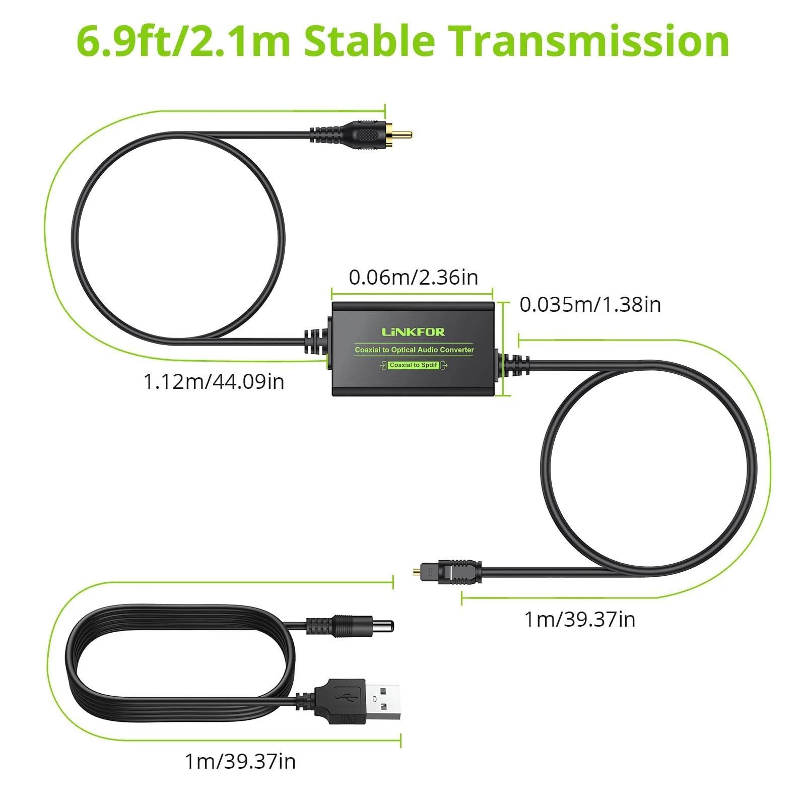 LiNKFOR 192kHz Coaxial to Optical Converter 6.6FT Coaxial to Optical SPDIF Toslink Converter with Built-in 3.3FT Toslink and 3.3FT Coaxial Cable for Older TV DVD Soundbar Amplifier Coaxial to SPDIF - Image 6