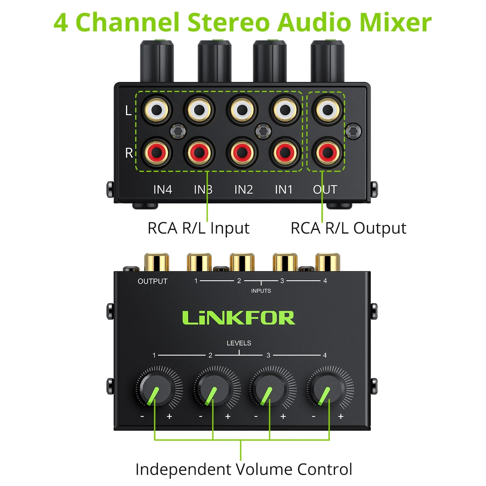 LiNKFOR 4 Channel Stereo Audio Mixer CX400 Metal Shell Support RCA Input and Output Mini Passive Stereo Mixer with Separate Volume Controls - Image 2
