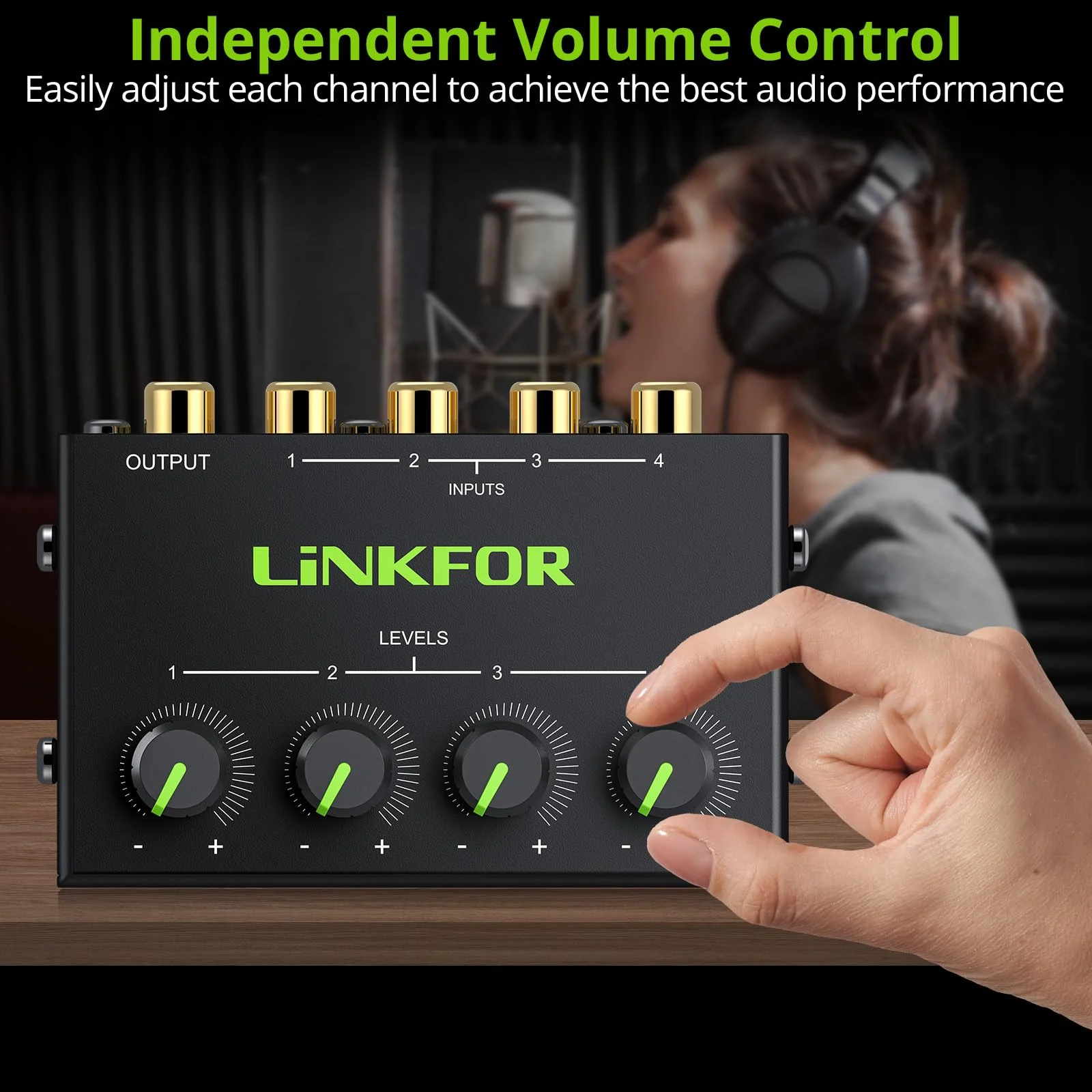 LiNKFOR 4 Channel Stereo Audio Mixer CX400 Metal Shell Support RCA Input and Output Mini Passive Stereo Mixer with Separate Volume Controls - Image 4