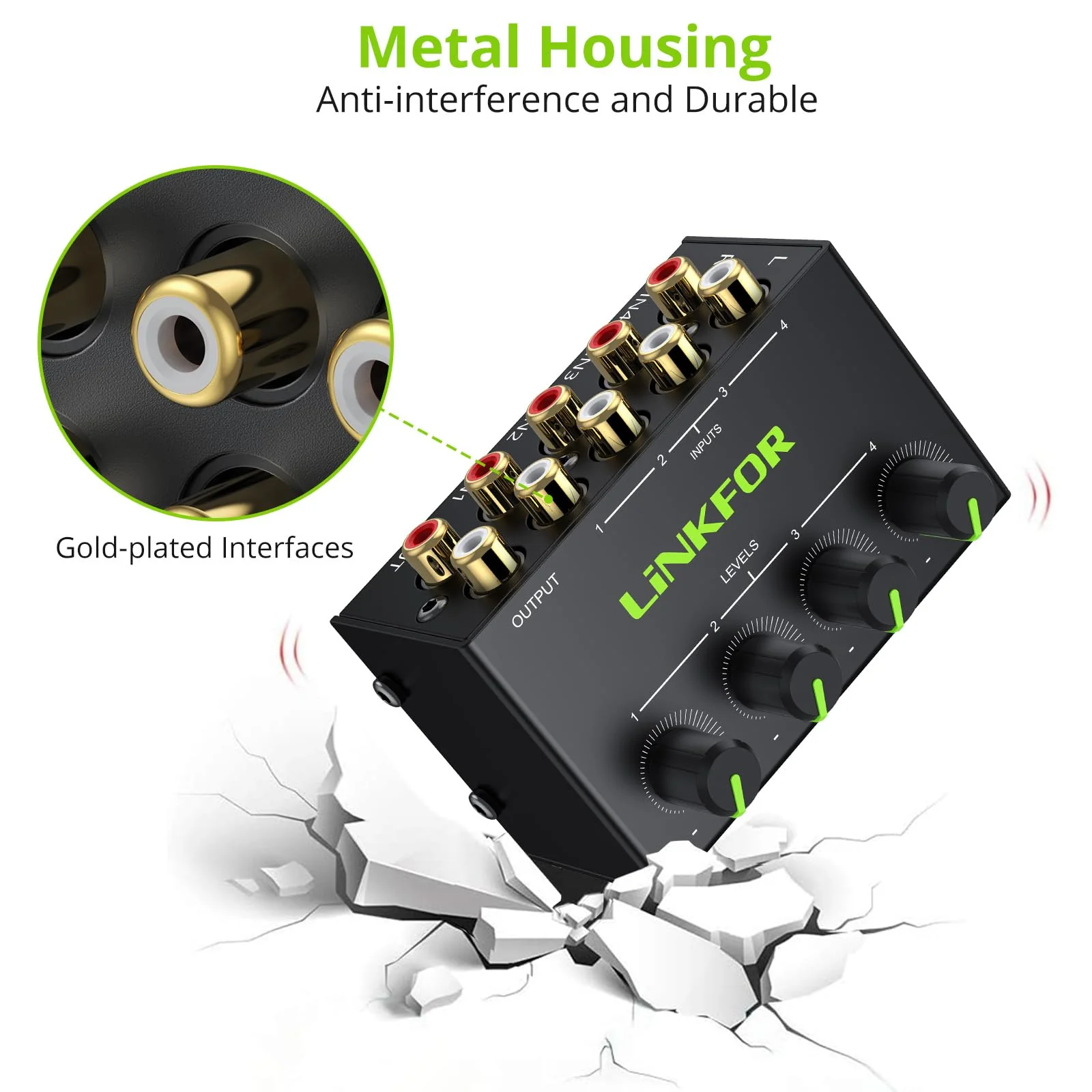 LiNKFOR 4 Channel Stereo Audio Mixer CX400 Metal Shell Support RCA Input and Output Mini Passive Stereo Mixer with Separate Volume Controls - Image 6