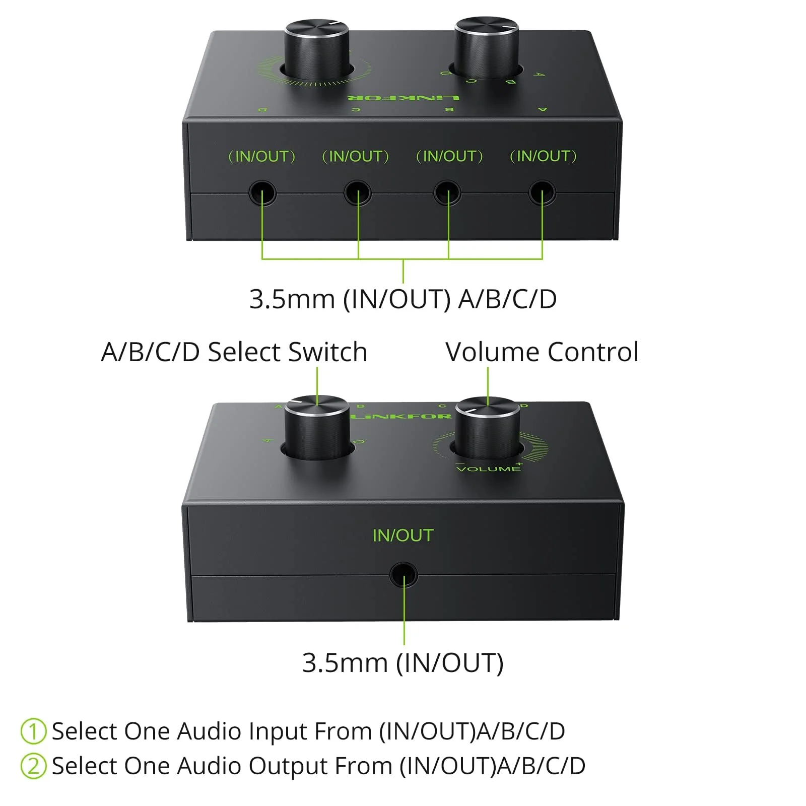 LiNKFOR 4 Port 3.5mm Stereo Audio Switch, 4 Way Stereo Audio Selector, 4 Input 1 Output / 1 Input 4 Output Audio Splitter with Volume Control and 4 Channel Switch Knob 4 Ports 3.5mm - Image 2