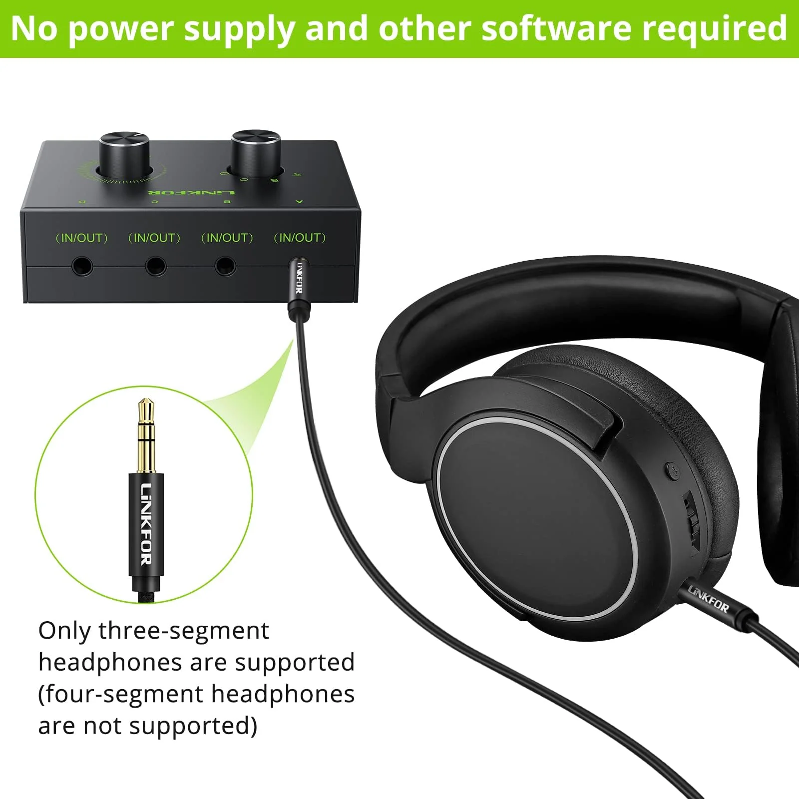 LiNKFOR 4 Port 3.5mm Stereo Audio Switch, 4 Way Stereo Audio Selector, 4 Input 1 Output / 1 Input 4 Output Audio Splitter with Volume Control and 4 Channel Switch Knob 4 Ports 3.5mm - Image 5
