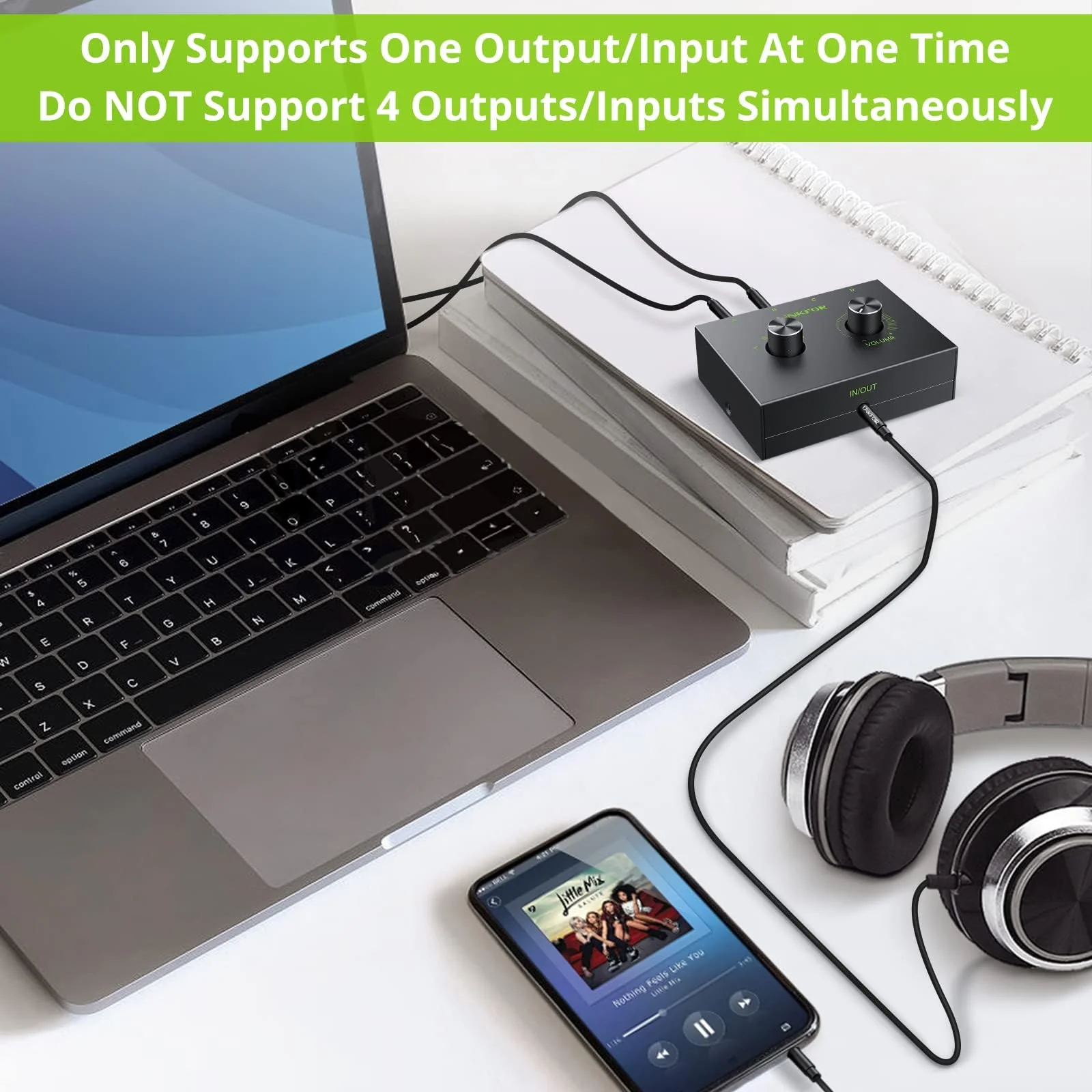 LiNKFOR 4 Port 3.5mm Stereo Audio Switch, 4 Way Stereo Audio Selector, 4 Input 1 Output / 1 Input 4 Output Audio Splitter with Volume Control and 4 Channel Switch Knob 4 Ports 3.5mm - Image 6
