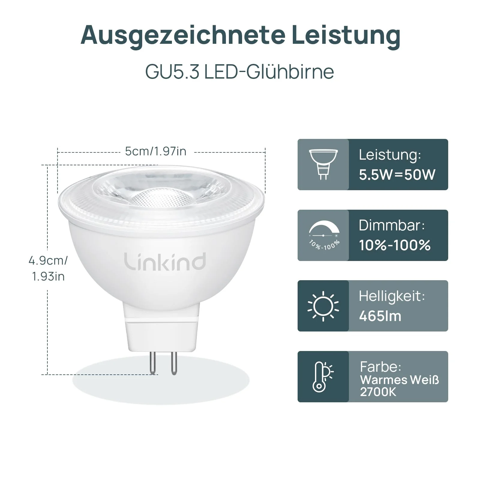 Linkind Dimmable GU5.3 LED Bulb 5.5 W, Equivalent to 50 Watt, 2700 K Warm White 12 Volt AC/DC MR16 LED Reflector GU5.3 Spotlight, 36° Beam Angle 465 Lm LED Light Bulb MR16 Bulb, Pack of 5 Warm White Dimmable - Image 2