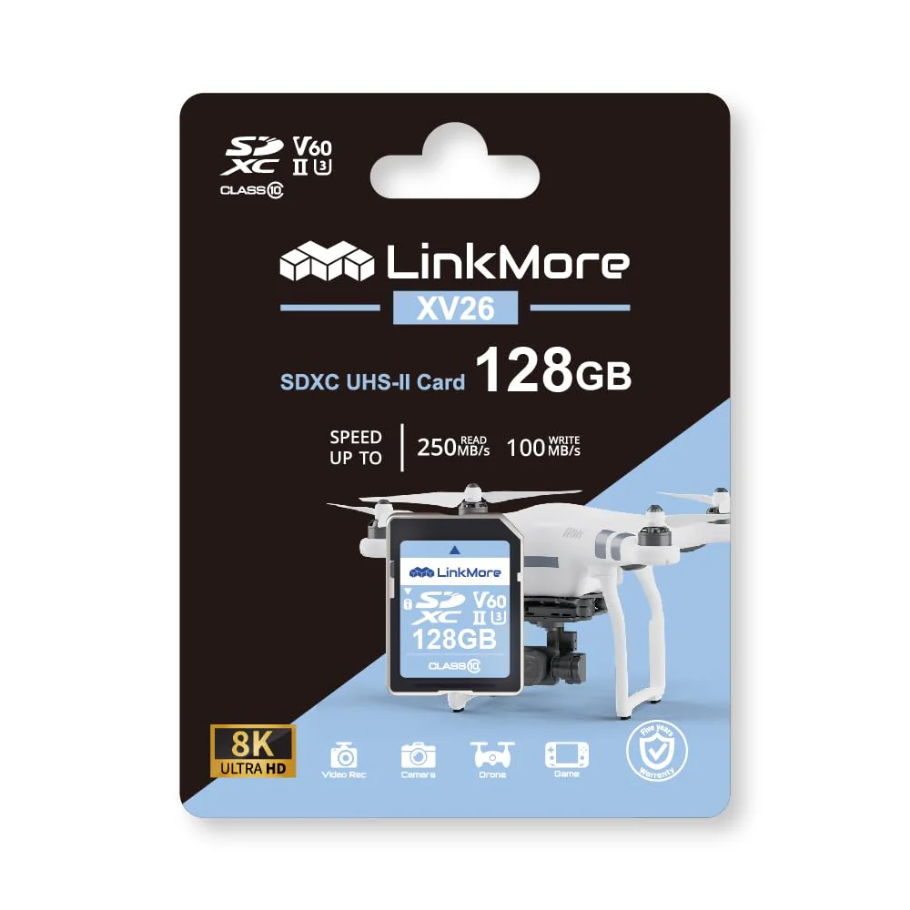 LinkMore XV26 128GB SDXC UHS-II Card UHS-II SD Card, C10, U3, V60, SD Card for Digital Camera, Drone Support 4K 8K Video, Camera Memory Cards up to 250MB/s Read Speed, 100MB/s Write Speed - Image 2
